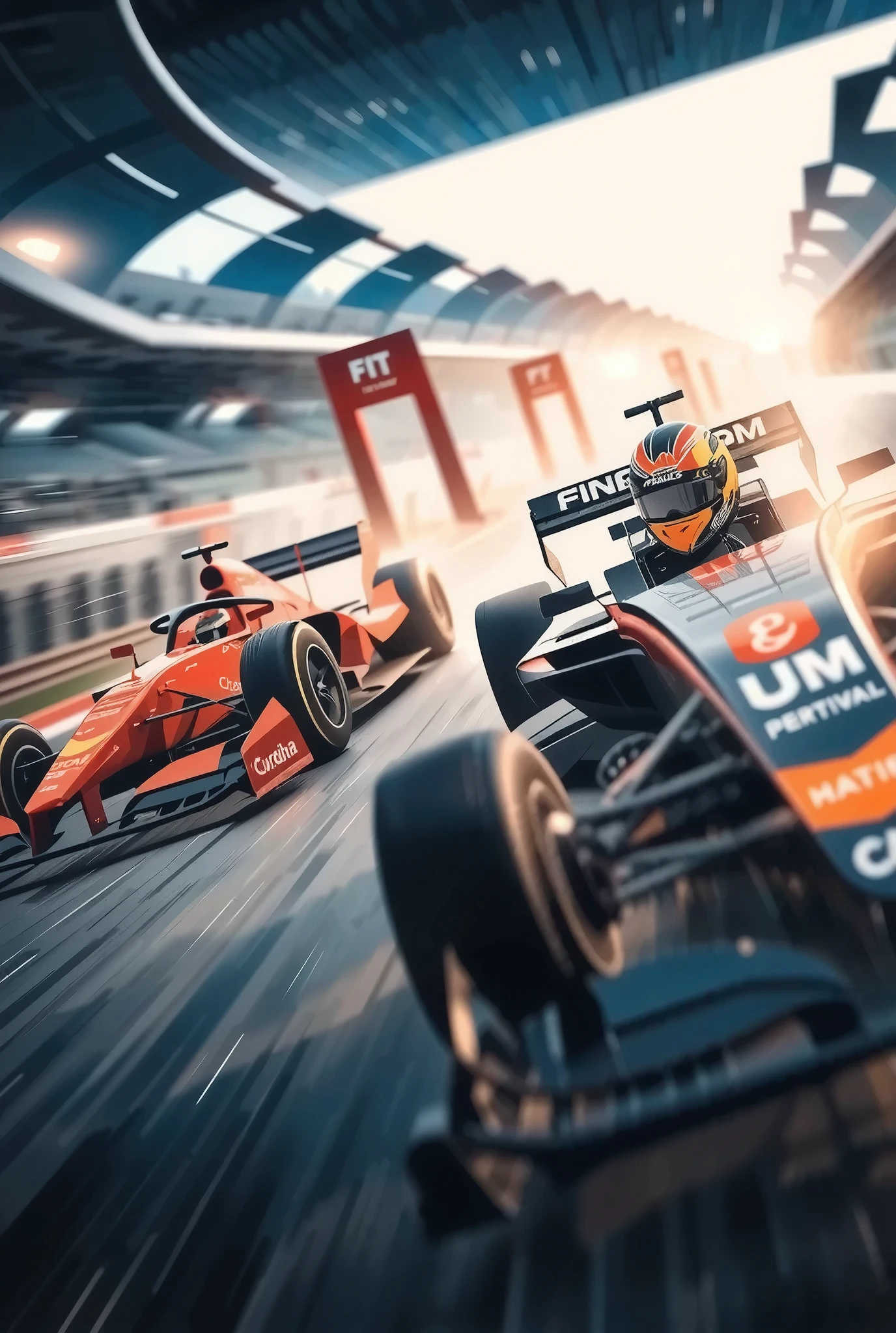 (Ultra High Definition, transparent glow light, super vivid colored, absurd less hyper realistic, Photogenic), 
(F1 Racing, Intense and Thrilling Compositions), (Dynamic grand shot, Dutch angle), 
(3 New Formula cars, A fierce battle between 3 professional F!drivers, Ultra High Definition,  high performance, Cutting-Edge Aerodynamic Design Shapes, Enhanced Ground Pressure with Downforce,  Spinning Wheel , Refined Product Product Image, high spec machine), 
(Dead Heat turning around a corner at super high speed, Intense Racing Battles, Special Effects to Enhance Power), 
driving into the dimension city image, 
you witness a historic moment, 