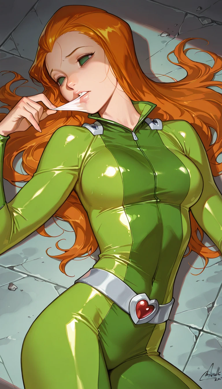 masterpiece:2, best quality:2, highly detailed:2, 8k, horror background, anime, 1girl\(20-year-old, ORC, grinning, evil, athletic:1.2, muscular:1.2, abs:1.2, long legs:1.4, curly red hair, big breasts, green stockings, green thigh boots with high heels, revealing clothes:1.2, slender waist, tight butts, beautiful face, red eyes, dynamic pose\), full-body image:1.2