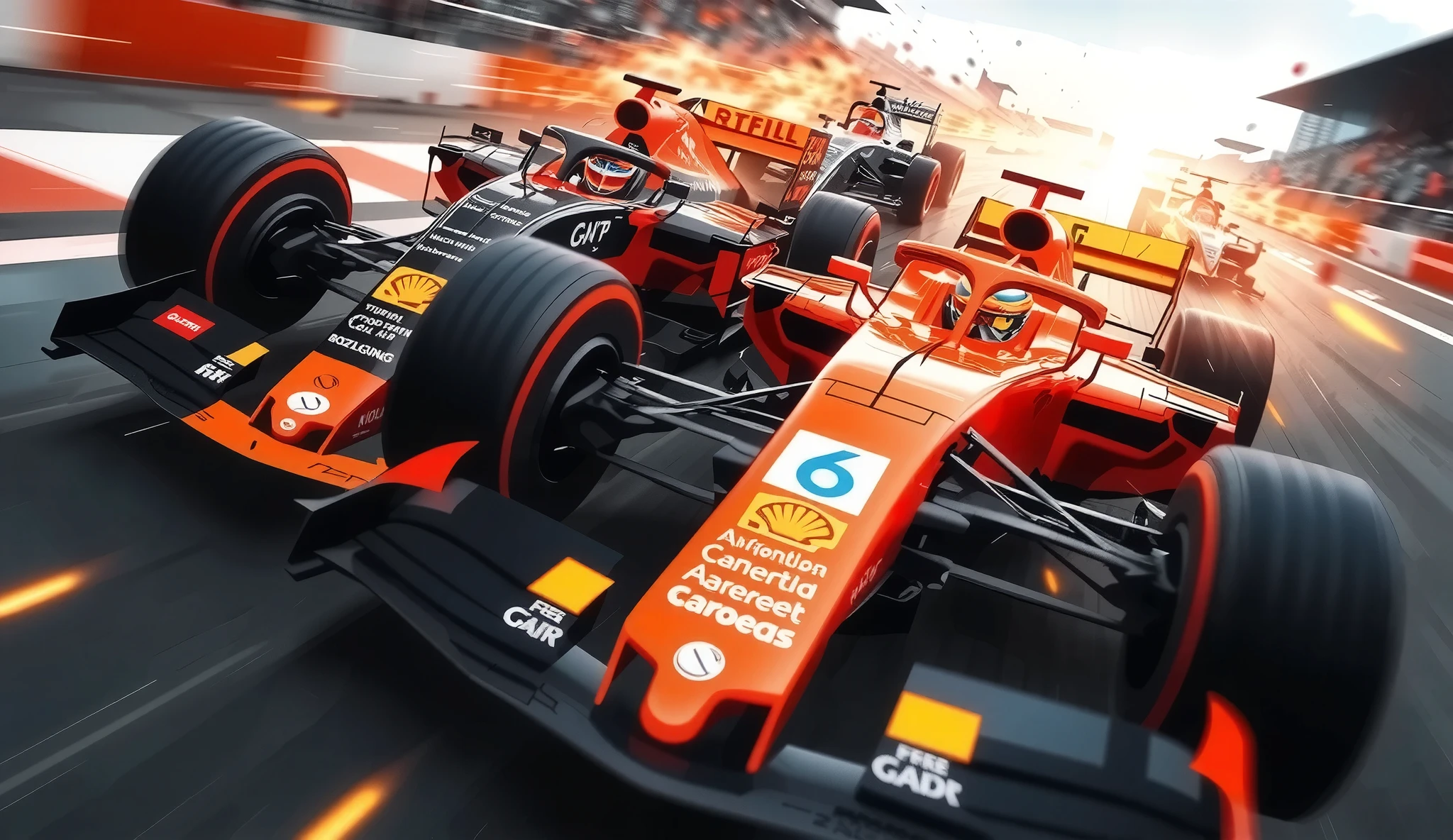 (Ultra High Definition, transparent glow light, super vivid colored, absurd less hyper realistic, Photogenic), 
(F1 Racing, Intense and Thrilling Compositions), (Dynamic grand shot, Dutch angle), 
(3 New Formula cars, A fierce battle between 3 professional F!drivers, Ultra High Definition,  high performance, Cutting-Edge Aerodynamic Design Shapes, Enhanced Ground Pressure with Downforce,  Spinning Wheel , Refined Product Product Image, high spec machine), 
(Dead Heat turning around a corner at super high speed, Intense Racing Battles, Special Effects to Enhance Power), 
driving into the dimension city image, 
you witness a historic moment, 