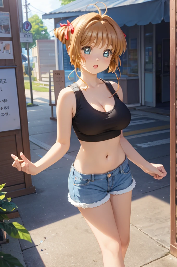 A beautiful girl in denim shorts walking in a hallway, anime girl, 1 girl, Kinomoto Sakura, (20 years old girl), (aged up), (amazingly beautiful girl), hair ribbon, shining eyes, (realistic eyes: 1.2), (beautiful eyes: 1.2), glossy lips, teeth, earrings, (detailed face), blush, (blush: 1.2), , navel, midriff, beautiful thighs, legs, fair complexion, bright skin, petite body, perfect body, , crop top, tank top, Surrealism, high detail, anime, modern, Minimalism, anime CG style, depth of field, natural lighting, cinematic lighting, dithering, image fill, wide shot, perspective, Wide-Angle, f/2.8, 135mm, Sony FE, Sony FE GM, 8k, super detail, UHD, retina, masterpiece, accurate, anatomically correct, textured skin, high details, best quality, highres, 16k