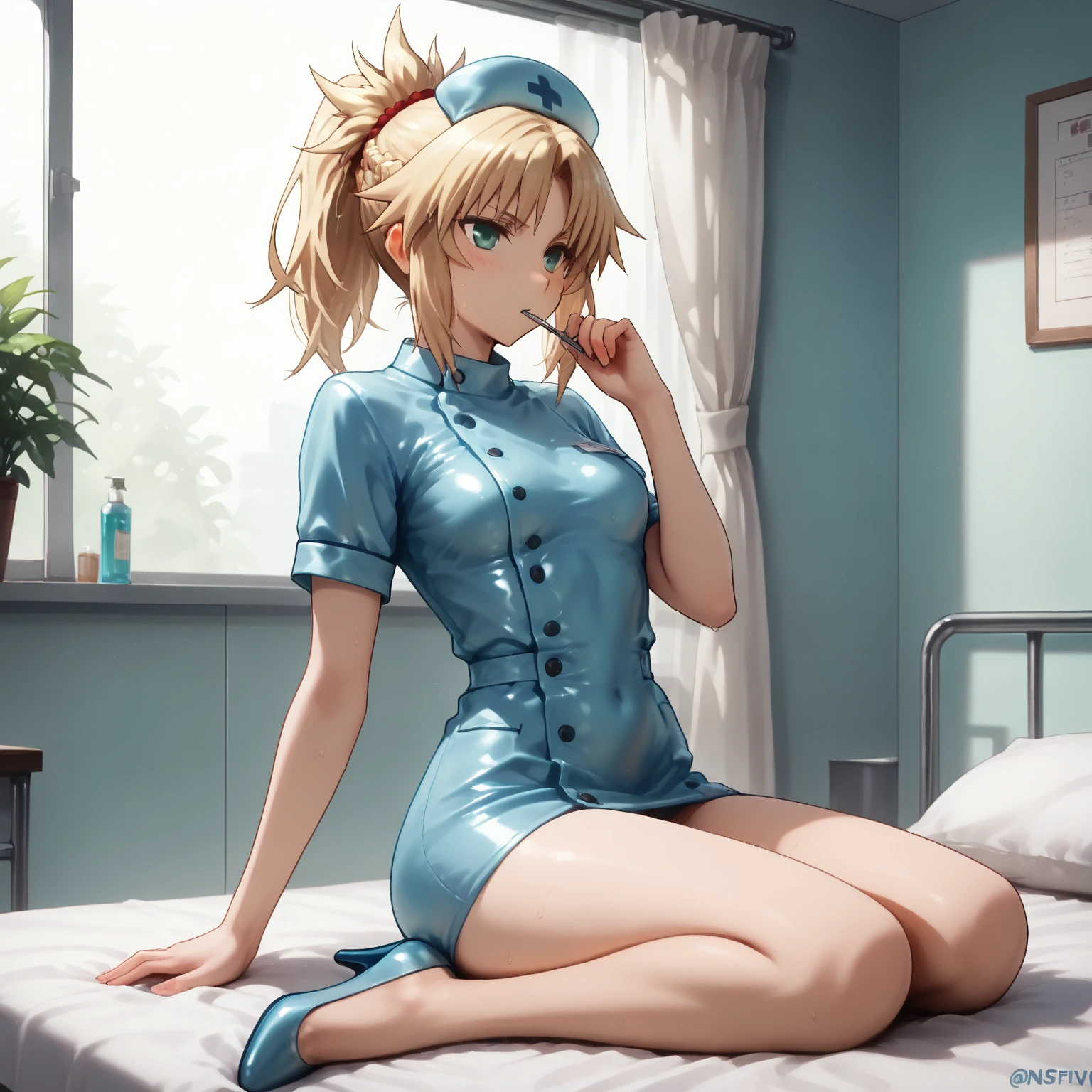 Anime style, super fine illustration, highly detailed, beautiful detailed, perfect detailed, super high quality image, static representation, gentle expression, happy expression, the pretty image, 8k, pretty 1girl with blonde straight short hair & blue eyes & a bright smile & full bust & soft fair skin is a female nurse not to show her skin wearing all white uniform & white tight skirt in the big general hospital, medical equipments, bed, solo, perfect fingers, no more fingers, no less fingers, perfect arms, no more arms, perfect legs, no more legs, masterpiece.