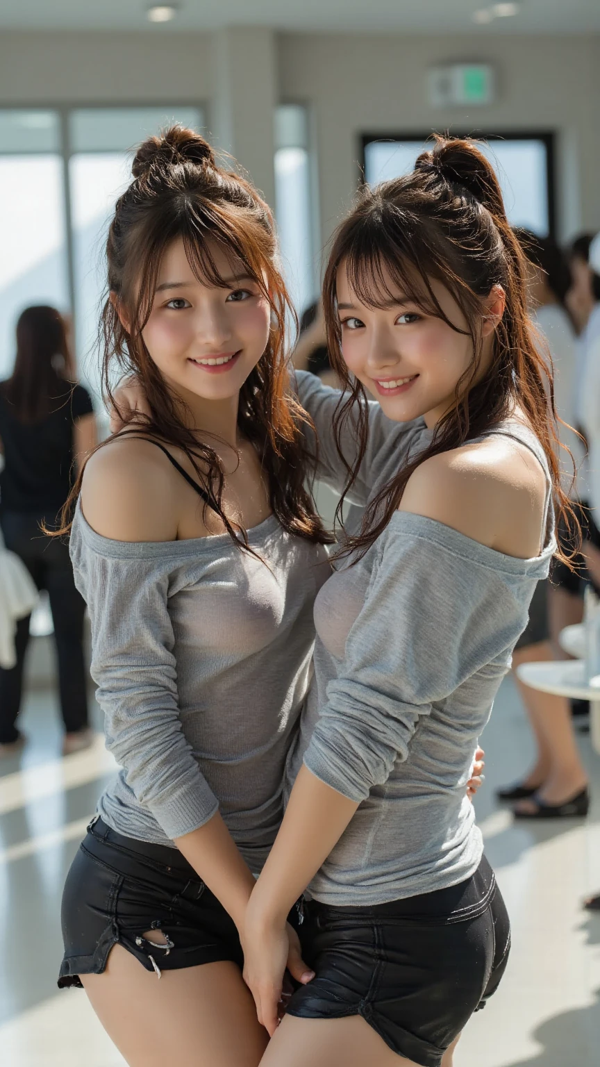Two girls standing at ear window in school classroom,Naked with an apron,break,12 years old,bangs,A small smile,Thighs,knees,break,Short hair with low pigtails,from before,Front light,((slender、delicate、Sexy clavicle and flat chest、Very small breasts、Are thin))