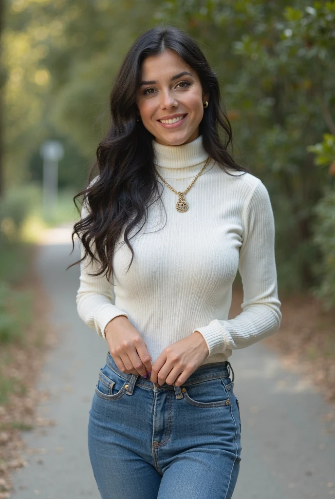 25-year-old woman, Beautiful Japanese Woman、Fair skin、Beautiful Skin、tight white turtleneck sweater, Puffy nipples、tight jeans pants, Jacket、Medium Milk, cutesmile、(Butt sticking out pose)、(looked back)、Sexy Hips、Park with a lake、Sexy pose、sexy lace panties、Large Necklace、Earrings、Full-body photo、(Wet pants、Wet lower body、Wet crotch:1.3)、Pale image、high resolution、Delicate、slender、Beauty、cute、smile、Weak contrast