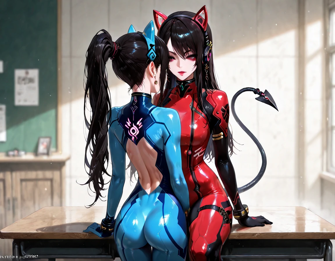 Masterpiece, beautiful art, professional artist, 8k, very detailed face, very detailed hair, very detailed clothes, 1 girl, solo, ((blue hair)), ((hazel eyes)), ((cat ears)), beautiful face, long eyelashes, natural eyebrows, ((pink latex suit)), ((standing sexily)), looking at viewer, earrings, ear piercing, large breasts, thick thighs, cleavage, open clothes, pale skin, flirty smile, juicy lips, posing sexily, sultry eyes, ((long bangs)), ((black choker, necklace)), ((two braided tails))
