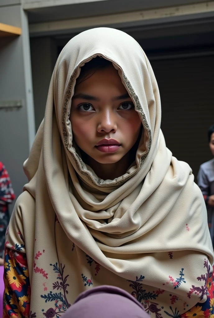 Naked, (((HIJAB MALAY GIRL))), masutepiece, High quality, UHD 32K, Realistic face, Realistic skin feeling , A Japanese Lady, 8 years old, , Very cute and baby-like face, (((FLAT CHEST))), (MATRIX WORLD), ((look In front  at the camera and SADNESS)), ((())), (((CUTE GIRL))), ((YELLOW LIPS)), ((wering lingerie Bra Floral Pattern))