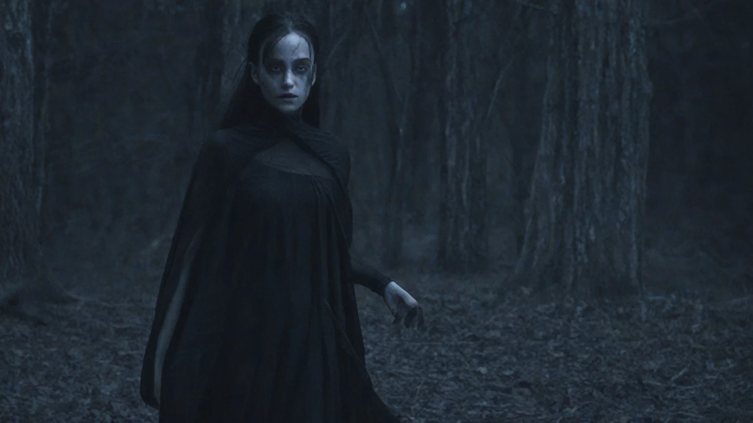professional photograph the photo was shot on a Sony Alpha a7R IV camera and a Sony FE 85mm f/1.8 lens, aperture f/1.8, shutter speed 1/125s, ISO 800. breathtaking vibrant professional chilling Gothic, beautiful evil slavic woman, wraith hovering in moonlit forest, shredded robes floating, skeletal fingers reaching, spectral blue glow, heavy mist, gnarled old trees, glowing white eyes, dense forest, rustling leaves, ethereal light, ominous tone, ghostly moonbeam, eerie mood, close-up perspective, phantom-like texture, medieval dark woods, haunting atmosphere, misty fog, eerie lantern light