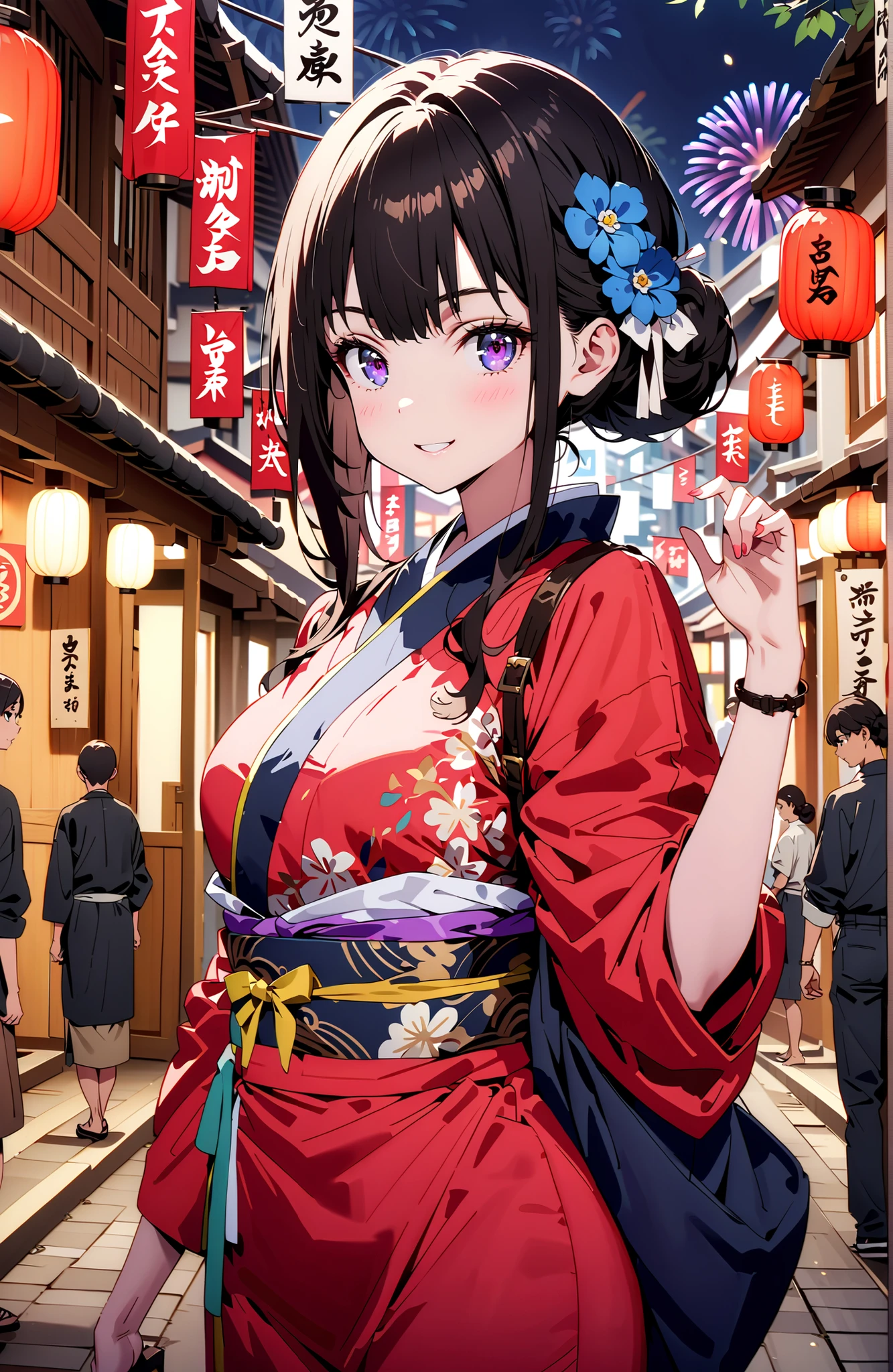 Takiuchikami, check it out, bungs, black hair with a young pattern, purple eyes,smile,cover,open your mouth,narrows her eyes,side lock,single bun hair,Medium breast,flower hair ornament,Blue flower pattern kimono,standing,Light up fireworks,Red Lantern,night,full bodyがイラストに入るように,break outdoors, Japanese Festival,
break looking at viewer,full body,
break (masterpiece:1.2),Best Quality ,Kampala,unity 8k 壁紙,(shape:0.8),( fine and beautiful eyes :1.6),It's a person ,full body写真,CG Details , (perfect hand,complete anatomy),