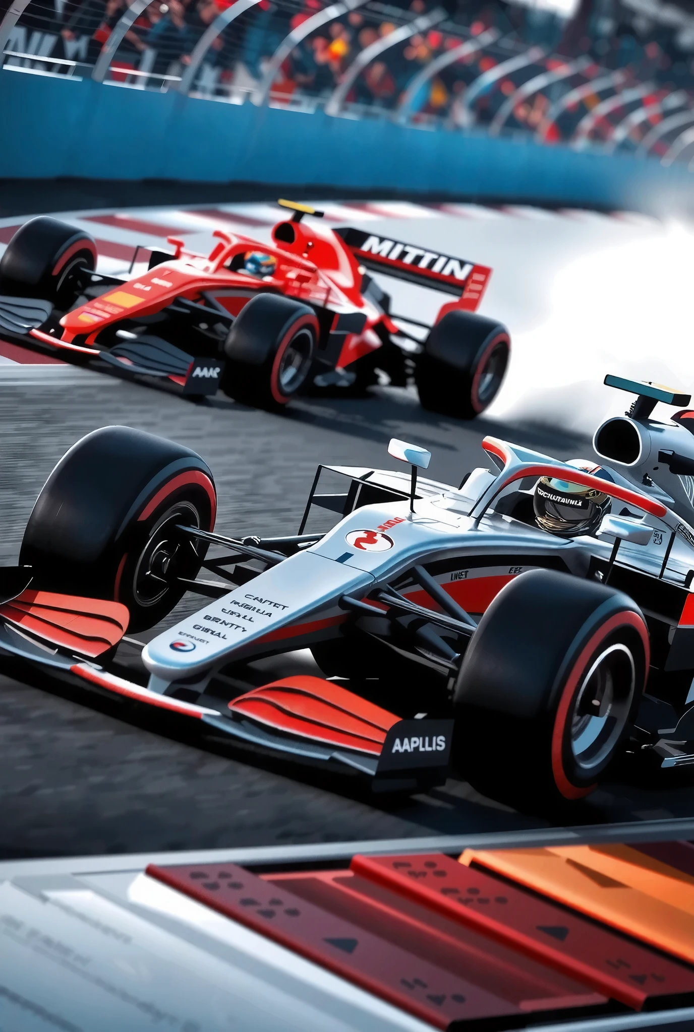 (Ultra High Definition, transparent glow light, super vivid colored, absurd less hyper realistic, Photogenic), 
(F1 Racing, Intense and Thrilling Compositions), (Dynamic grand shot, Dutch angle), 
(3 New Formula cars, A fierce battle between 3 professional F!drivers, Ultra High Definition,  high performance, Cutting-Edge Aerodynamic Design Shapes, Enhanced Ground Pressure with Downforce,  Spinning Wheel , Refined Product Product Image, high spec machine), 
(Dead Heat turning around a corner at super high speed, Intense Racing Battles, Special Effects to Enhance Power), 
driving into the dimension city image, 
you witness a historic moment, 