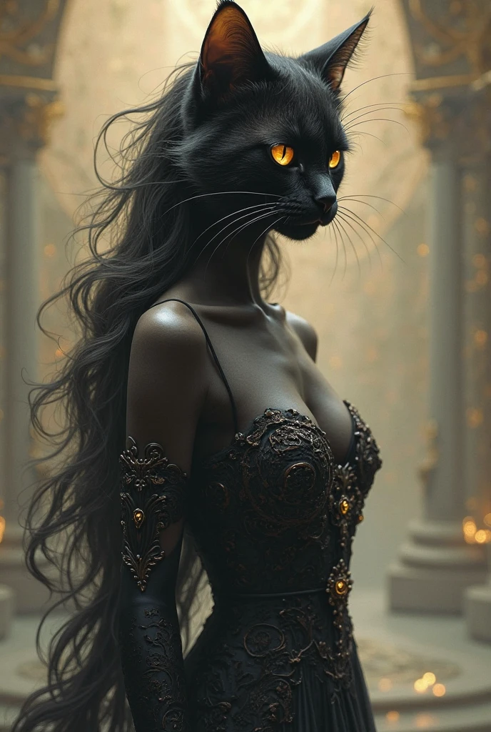 Chat noir à poils longs steampunk sur fond rouge et noir gothique avec effet de fumée