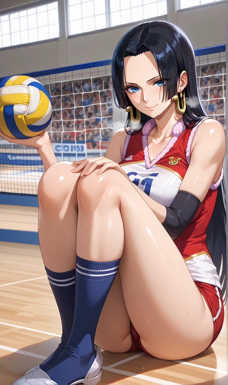 （8K ，hyper-detailing，ultra real photo，Best masterpiece，natural，Perfect artwork，Perfect female body），Sexy female volleyball player、short black wavy hair、super fit volleyball uniform、low chest，open neck collar，Wear volleyball shorts、an sexy、ssmile、Sexy pose on volleyball court，humongous large breast，，Beautiful long legs，Tall figure，Full body photo，