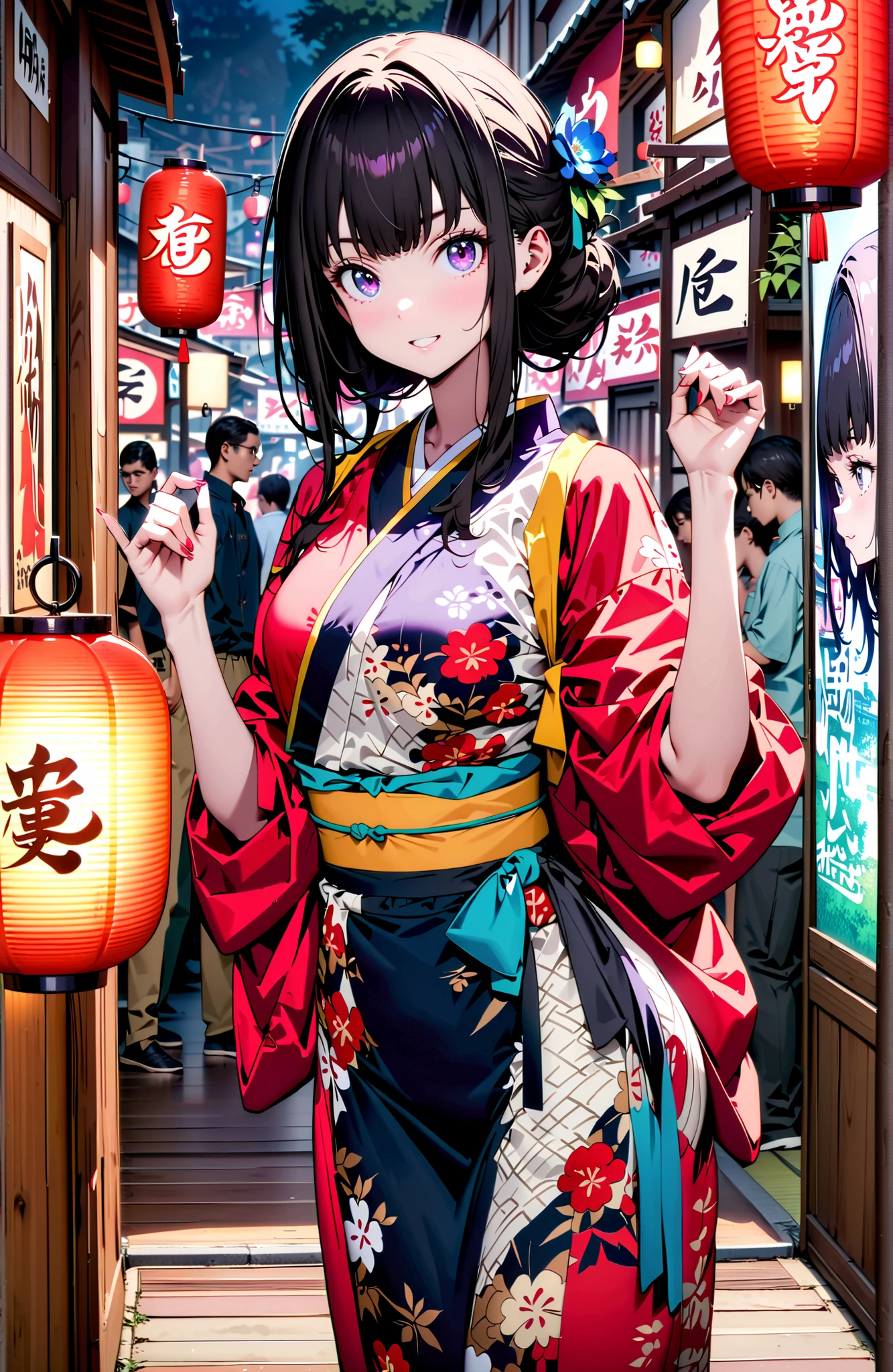 Takiuchikami, check it out, bungs, black hair with a young pattern, purple eyes,smile,cover,open your mouth,narrows her eyes,side lock,single bun hair,Medium breast,flower hair ornament,Blue flower pattern kimono,standing,Light up fireworks,Japanese stalls ,Red Lantern,night,full bodyがイラストに入るように,break outdoors, Japanese Festival,
break looking at viewer,full body,
break (masterpiece:1.2),Best Quality ,Kampala,unity 8k 壁紙,(shape:0.8),( fine and beautiful eyes :1.6),It's a person ,full body写真,CG Details , (perfect hand,complete anatomy),
