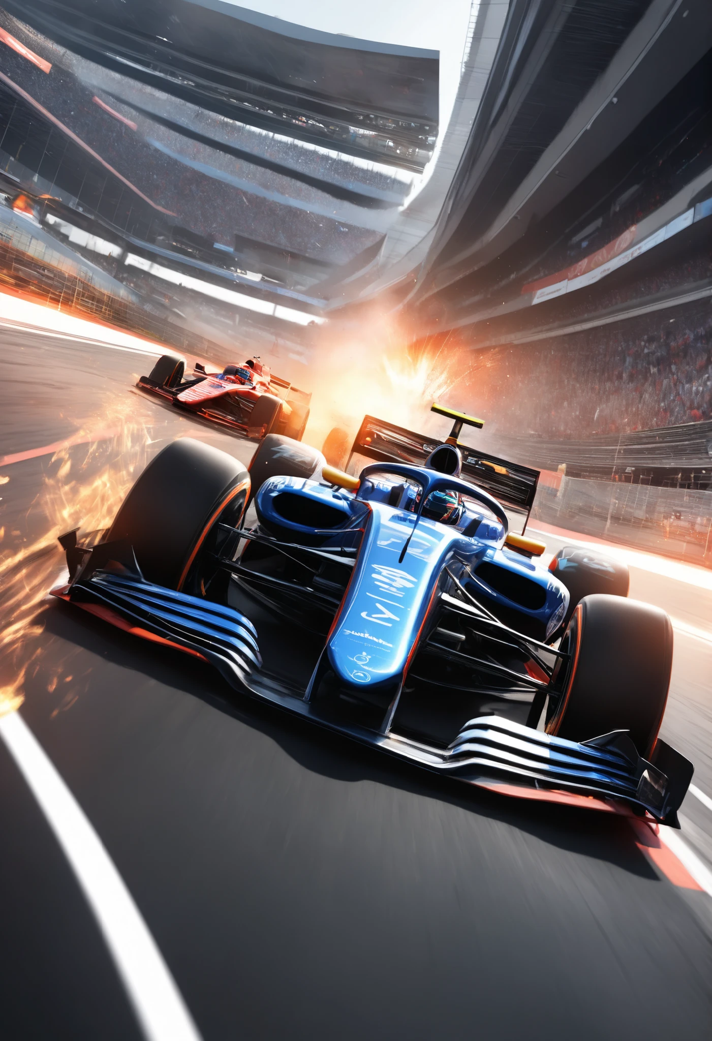 (Ultra High Definition, transparent glow light, super vivid colored, absurd less hyper realistic, Photogenic), 
(F1 Racing, Intense and Thrilling Compositions), (Dynamic grand shot, Dutch angle), 
(3 New Formula cars, A fierce battle between 3 professional F!drivers, Ultra High Definition,  high performance, Cutting-Edge Aerodynamic Design Shapes, Enhanced Ground Pressure with Downforce,  Spinning Wheel , Refined Product Product Image, high spec machine), 
(Dead Heat turning around a corner at super high speed, Intense Racing Battles, Special Effects to Enhance Power), 
driving into the dimension city image, 
you witness a historic moment, 
