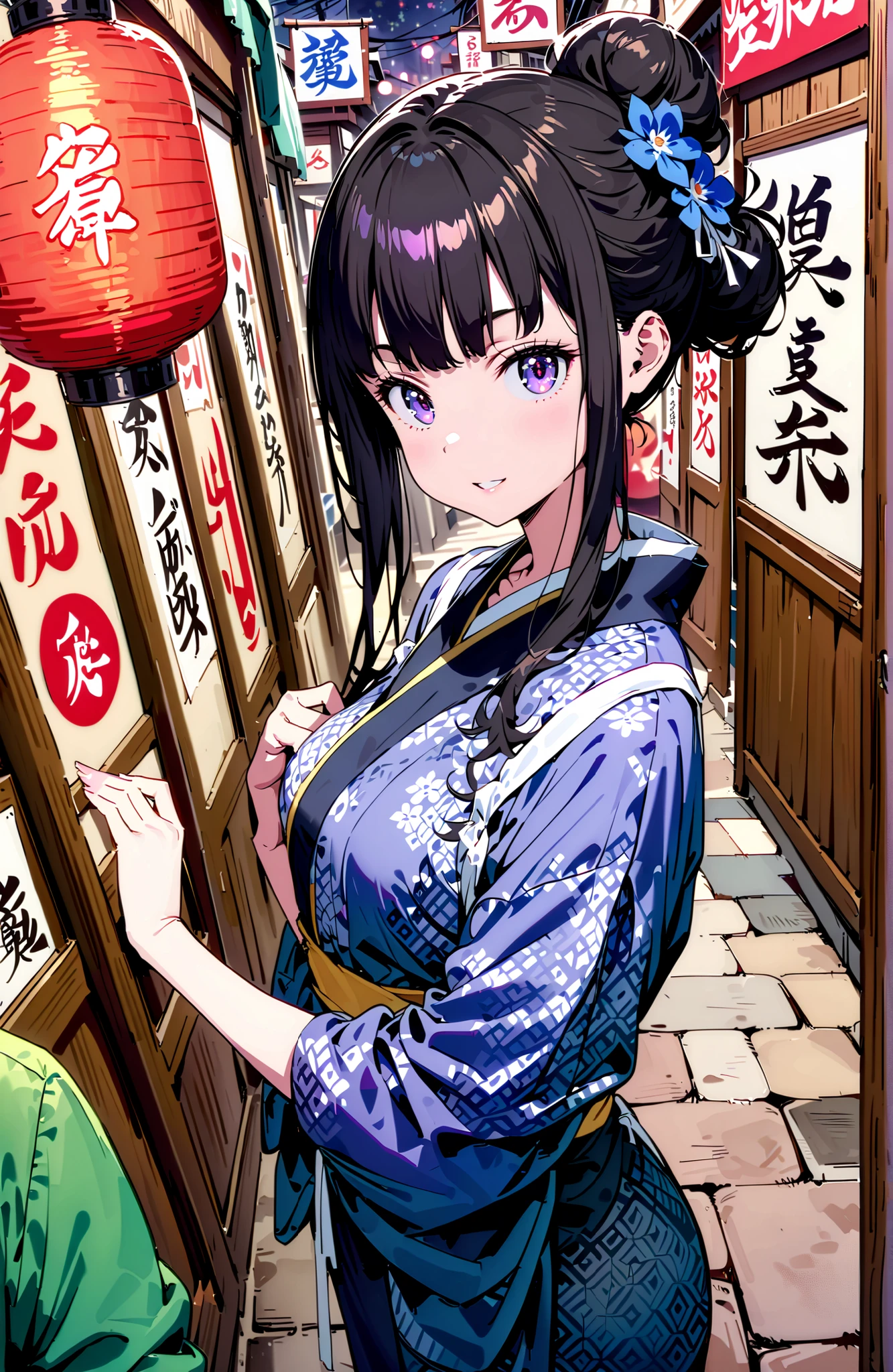 Takiuchikami, check it out, bungs, black hair with a young pattern, purple eyes,smile,cover,open your mouth,narrows her eyes,side lock,single bun hair,Medium breast,flower hair ornament,Blue flower pattern kimono,standing,Light up fireworks,Japanese stalls ,Red Lantern,night,full bodyがイラストに入るように,break outdoors, Japanese Festival,
break looking at viewer,full body,
break (masterpiece:1.2),Best Quality ,Kampala,unity 8k 壁紙,(shape:0.8),( fine and beautiful eyes :1.6),It's a person ,full body写真,CG Details , (perfect hand,complete anatomy),
