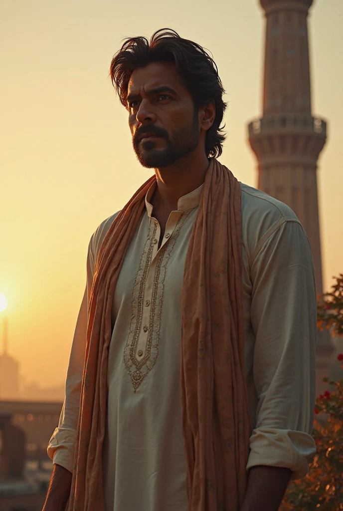 Shahrukh Khan wearing a Sapphire blue Shalwar Kameez and standing in front of Minar E Pakisatan in Pakistan