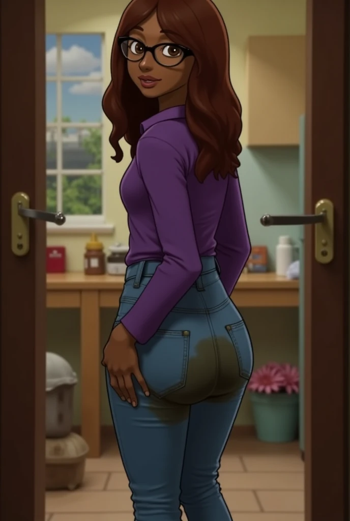 Maru from Stardew Valley. Inside her workshop. Dark skin. Brown/red hair. Glasses. Smile. Slender figure. Purple shirt. Seen from behind. Jumpsuit. Jeans jumpsuit. Pooping herself. Pooping her pants. Big bulge on her butt. photo realistic. Dark