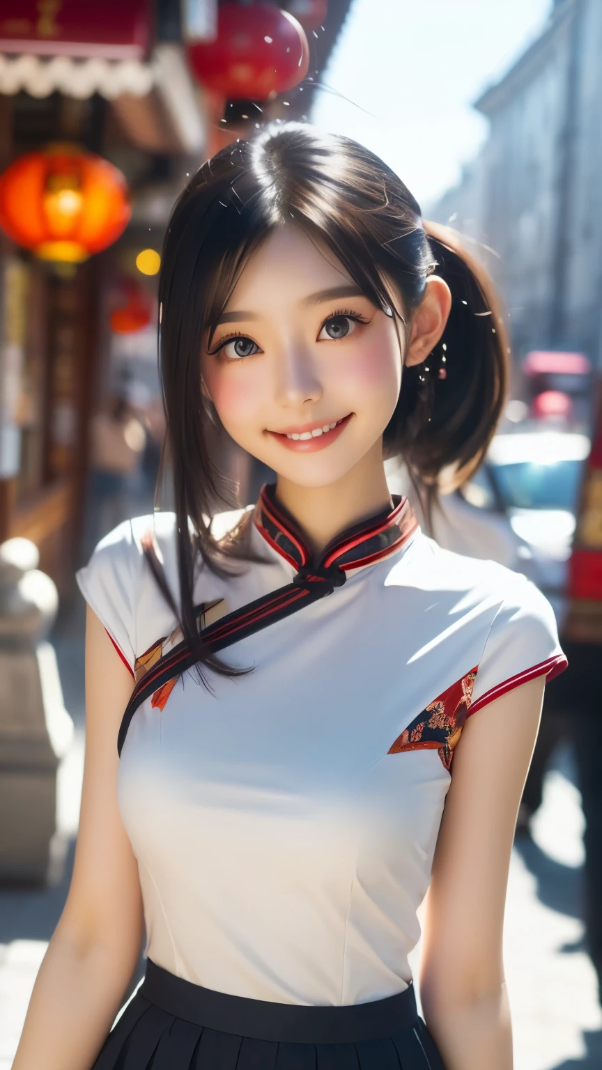 (Best Quality,masterpiece:1.3,Ultra High Definition),(very detailed,caustics,8k),(photorealistic:1.4,RAW shooting),one girl on her back,(smiling at camera、 look down),(front shot:1.1),( facing forward ),18 years old,cute,Japanese, black short ponytail,uniform,glamorous,(big ),( close-up),(hip focus),street,SUNSHINE,natural light,(backlight),(bright light is shining in from behind),(lens flare),professional writing in a crowded sideways cafe,(cowboy shot),(Low position:1.3),( Low Angle :1.3)