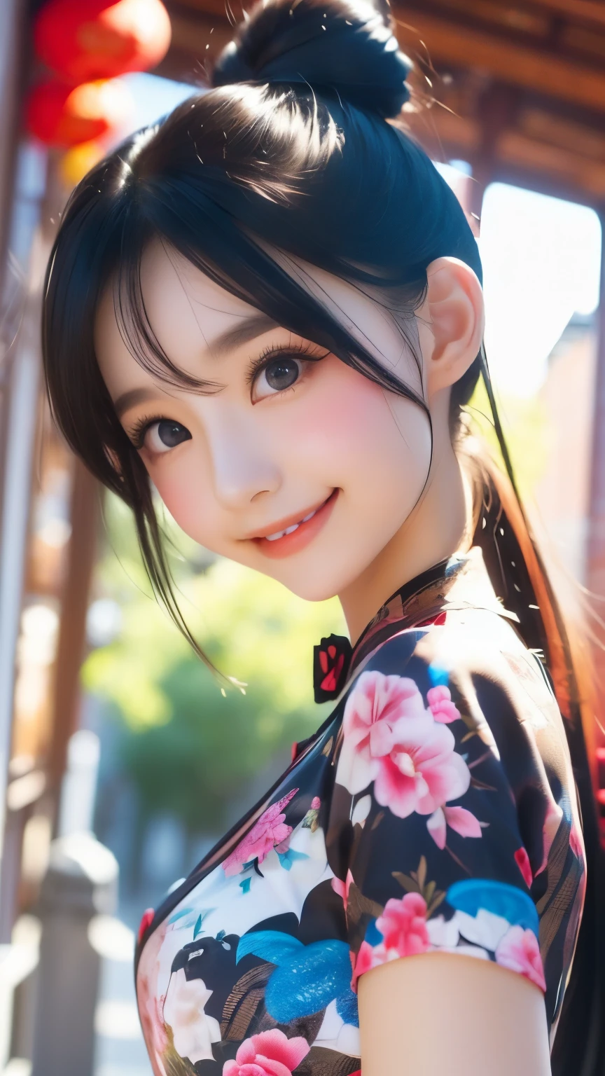 (Best Quality,masterpiece:1.3,Ultra High Definition),(very detailed,caustics,8k),(photorealistic:1.4,RAW shooting),one girl on her back,(smiling at camera、 look down),(front shot:1.1),( facing forward ),18 years old,cute,Japanese, black short ponytail,uniform,glamorous,(big ),( close-up),(hip focus),street,SUNSHINE,natural light,(backlight),(bright light is shining in from behind),(lens flare),professional writing in a crowded sideways cafe,(cowboy shot),(Low position:1.3),( Low Angle :1.3)