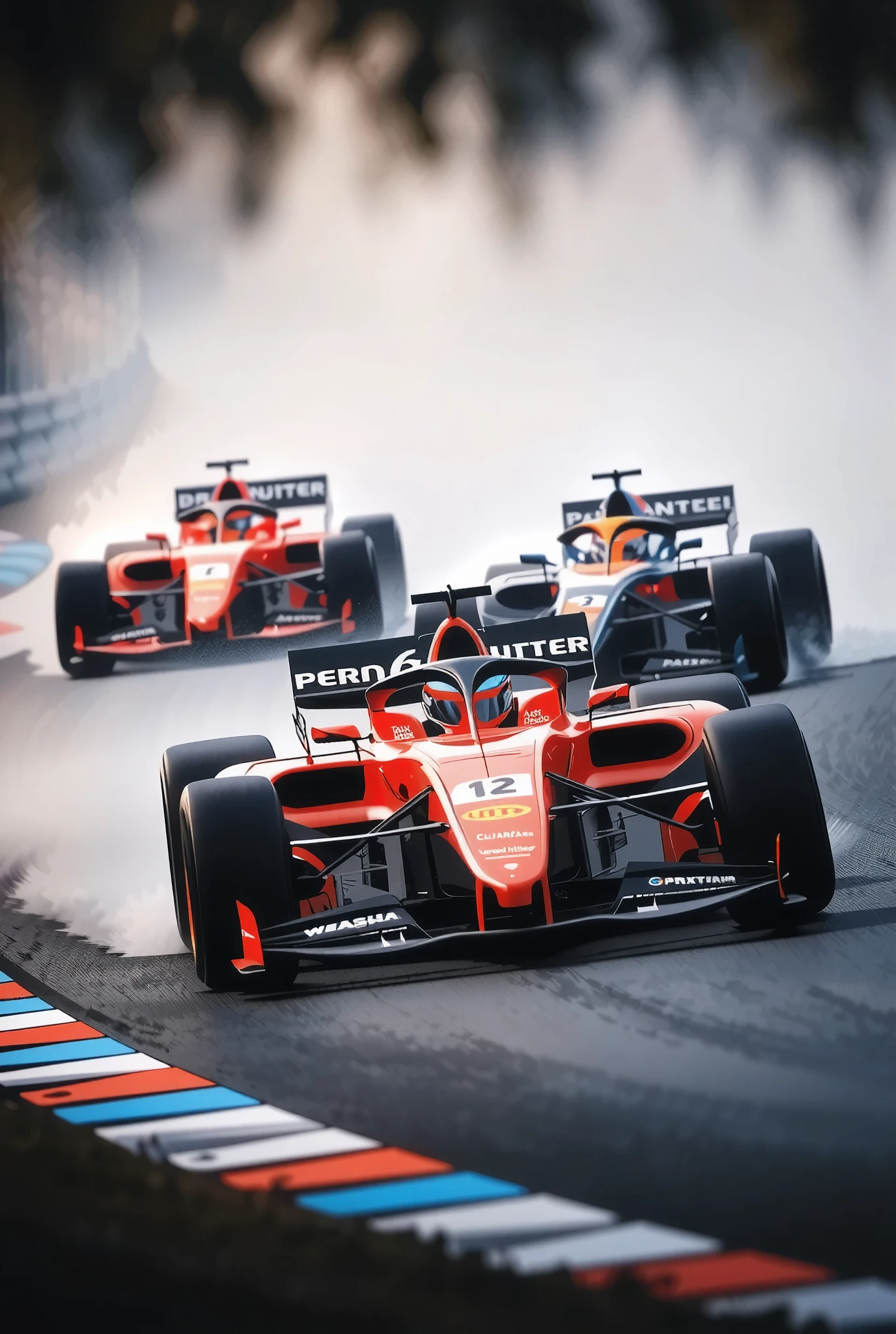 (Ultra High Definition, transparent glow light, super vivid colored, absurd less hyper realistic, Photogenic), 
(F1 Racing, Intense and Thrilling Compositions), (Dynamic grand shot, Dutch angle), 
(3 New Formula cars, A fierce battle between 3 professional F!drivers, Ultra High Definition,  high performance, Cutting-Edge Aerodynamic Design Shapes, Enhanced Ground Pressure with Downforce,  Spinning Wheel , Refined Product Product Image, high spec machine), 
(Dead Heat turning around a corner at super high speed, Intense Racing Battles, Special Effects to Enhance Power), 
driving into the dimension city image, 
you witness a historic moment, 