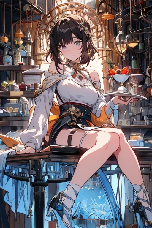 Pretty and beautiful girl,Cute Smile,Blushing,Red lips,One Woman, Glowing Skin, View your viewers, Castle reception room、Tea party((The floats are as follows::1.3, Tea cup, you can, teaspoon, Pocket watch:1.3, Lipstick, Candy:1.2, クッKey, Jam jar, Classic Door_Key)), ((witch, Black Stockings:Medium Hair:1.6),( Bright eyes with highlights, Detailed eyes), (Sitting on a chair), Sexy posture, Amazing colorful art, (Fantasy art:1.2, Mysterious images), ((Correct Anatomy:1.5, Perfect Anatomy:1.3, The right move, ))