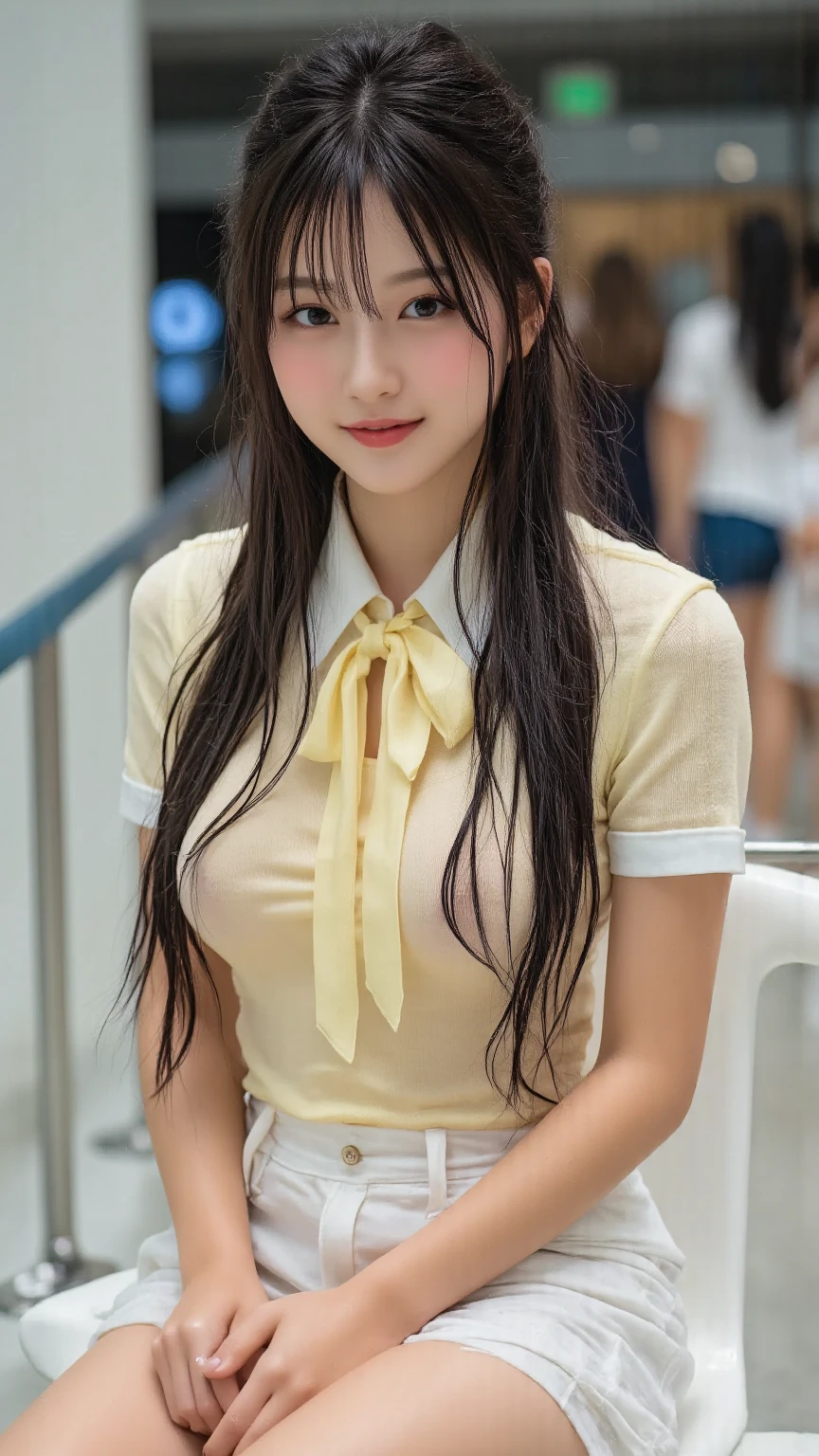 Cute Girls、high school girl、Idol、Orange Mini Skirt、See-through、sit