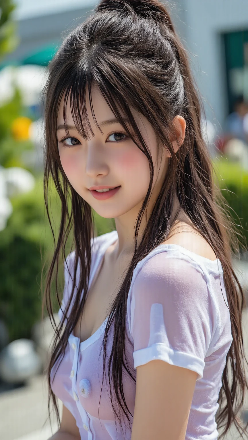 (best quality, masterpiece, ultra detailed, ultra highres, raw photo, absurdres, absolutely resolution, 8k:1.2) (photorealistic, realistic:1.4) detailed 4k background, sunlight, close up, upper body shot ((bokeh)) BREAK 1 girl, (solo:1.2) cute, beautiful, 18 years old, kawaii, solo, cute idol face (detailed light brown eyes) looking at viewer, tilting head, happy smile, detailed hair (dynamic sexy gravure pose:1.3) perfect anatomy, (detailed pale skin texture:1.1) (wet skin, oil skin, sweat:1.3) BREAK (big breasts) see-through wet white solid t-shirt (outdoors, city, sunny, extremely hot day)