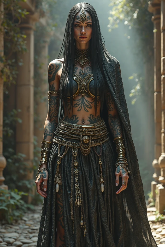 Create a striking digital art piece featuring a young woman dressed in a leather Nun clothe, an unconventional and edgy take on traditional religious attire. Her entire body is covered in intricate tattoos, including her face, which is in the process of being fully inked. She has multiple piercings in her ears and wears rings on her fingers. A katana is strapped to her back, adding a sense of power and mystery. The background is a deep, dark green, which contrasts with her bold and rebellious appearance. Focus on the detailed textures of the leather, tattoos, and accessories, creating a powerful and intense atmosphere.