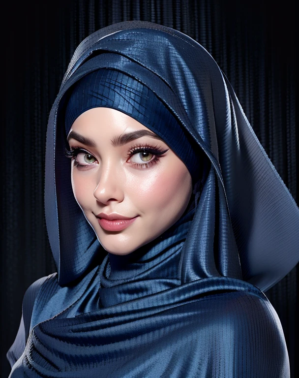 3dmm style, Masterpiece, best quality, photography, detailed skin, realistic, photo-realistic, 3D Character Design, pixar, real cartoon, 8k, highly detailed, full length frame, High detail RAW color art, diffused soft lighting, shallow depth of field, sharp focus, hyperrealism, cinematic lighting, ((close up)) hijab, a woman, beautifully makeup, brown beautiful big eyes, long eye lashes, wearing (Radiant blue satin hijab), loosely tide hijab style,((gray satin shirt)), palazzo pants,