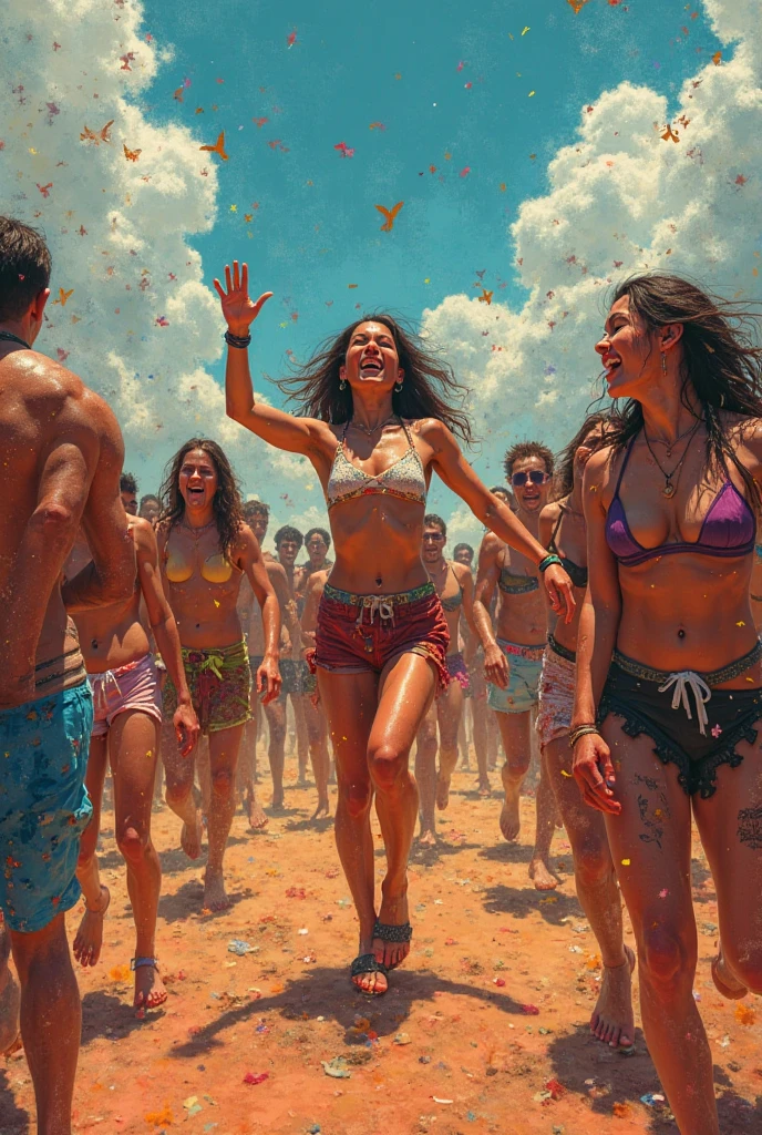 (White and vivid colors, Acutance, exposed:1.28),(nipple:-1), (Golden sand, Thongs), surfer girls (Jumping High:1.5), ((face variations)), { Navel | pretty Ass | Delicate lace knitted wear | (morning glowing) horizon | colorful Flowers | Red jewelrys }, { Glistening tanline | oiled ivory skin | Childish | Overflowing }, (portrayed in the best quality and high resolution, ultra-detailed, realistic, and (photorealistic:1.37) with a touch of rawness). { ((back lighting)) | concept art | enhancing the overall visual impact }. { Whole Body proportions and all limbs are anatomically accurate | ((Gigantic Overflowing sideboob:1.25)) | (:d) | (Different types of hair colors) } .