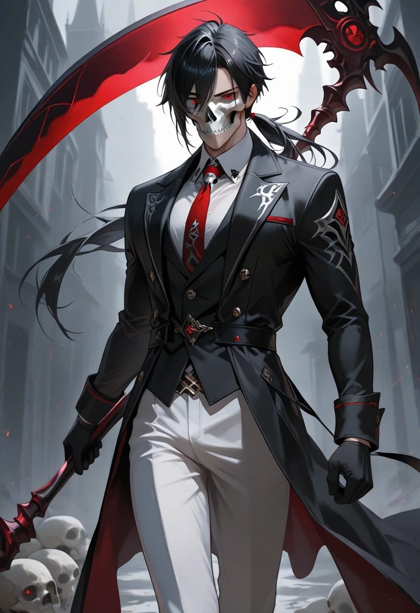 A skeleton, hairless, skeletal hands, eyes red like hell, He dresses in a black Charro outfit, elegant, with a guitar, He rides a coal-black horse with red eyes
