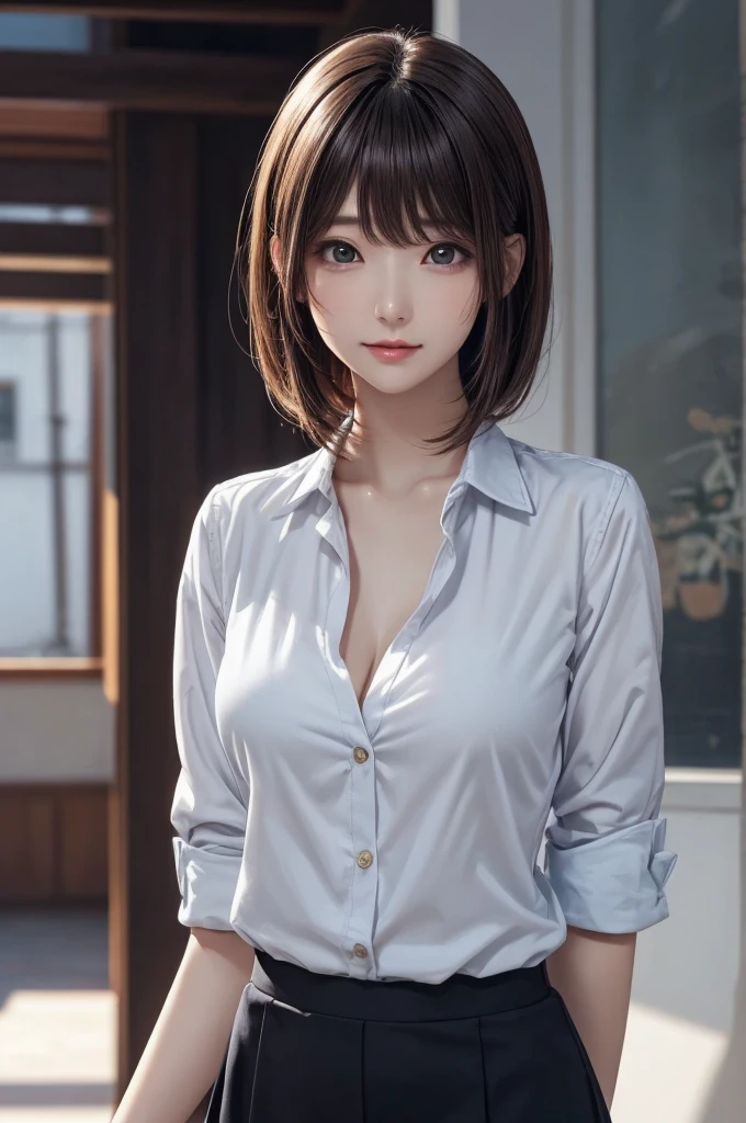 see-through, white simple shirt, black skirt, very large breasts, short hair, best quality, 8k, masterpiece, overall photo, natural light, clear focus, beauty with outstanding style, highly detailed face and skin texture, detailed eyes, double eyelids, office