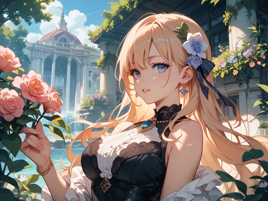 (extreme detail),(ultra-detailed),(painting), chiaroscuro, extremely detailed CG unity 8k wallpaper,((an extremely delicate and beautiful)),(dynamic angle), alphonse mucha, <lora:OdinSphereStylev1.1:0.7> blurry foreground, camellia, depth of field, flowers, red rose, white rose, ladder, teacup, tea cabinet, bare shoulders, blonde hair, blue eyes, castle, cloud, day, dress, flower, hand on own chest, long hair, outdoors, sky, solo, corset, dark clothes, white hair, long hair, blue eyes, vivid colors, OdinSphereStyle,
