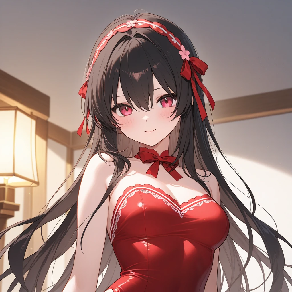 sideview,(looking at viewer),pastel red long straight hair,(dark skin), (blunt bangs), eyelash, classy white net lace dress, midnight party, red carpet, elegant, classy smile,