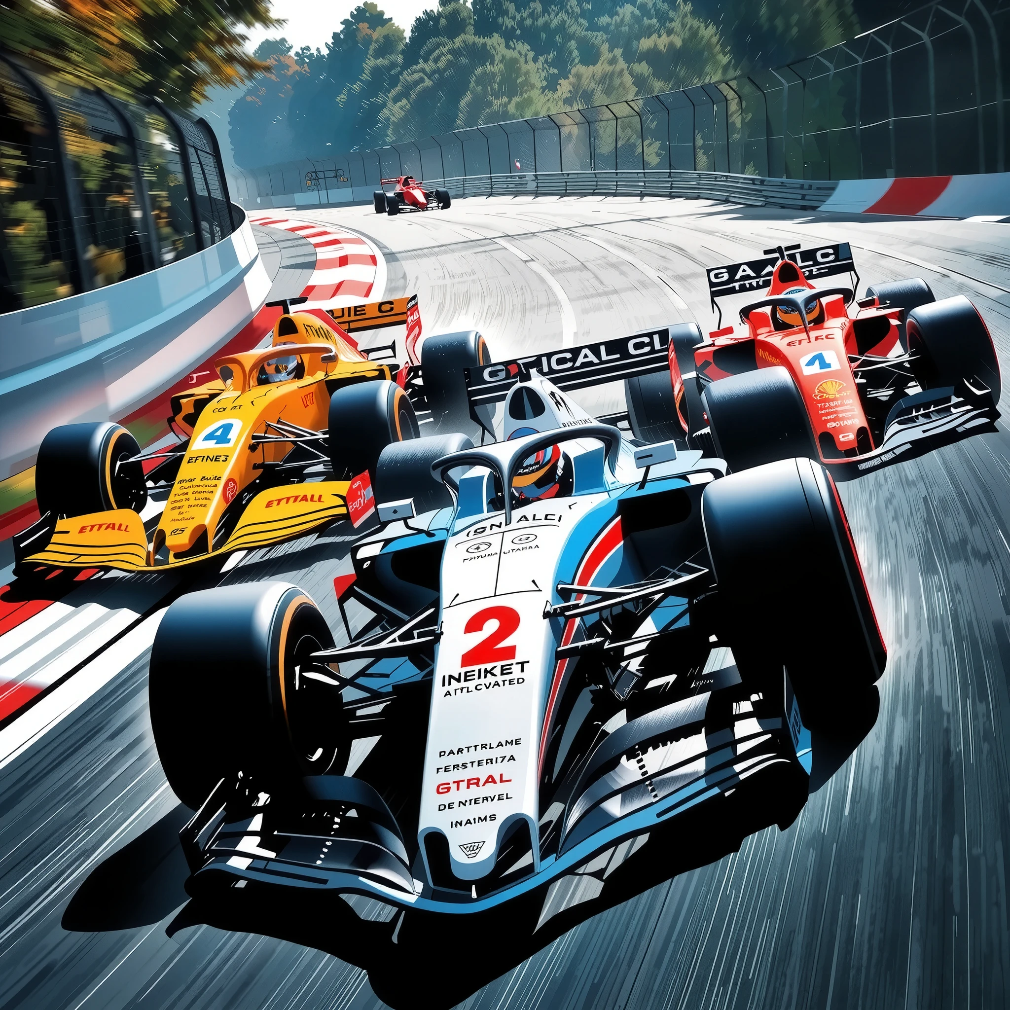 (Ultra High Definition, transparent glow light, super vivid colored, absurd less hyper realistic, Photogenic), 
(F1 Racing, Intense and Thrilling Compositions), (Dynamic grand shot, Dutch angle), 
(3 New Formula cars, A fierce battle between 3 professional F!drivers, Ultra High Definition,  high performance, Cutting-Edge Aerodynamic Design Shapes, Enhanced Ground Pressure with Downforce,  Spinning Wheel , Refined Product Product Image, high spec machine), 
(Dead Heat turning around a corner at super high speed, Intense Racing Battles, Special Effects to Enhance Power), 
driving into the dimension city image, 
you witness a historic moment, 