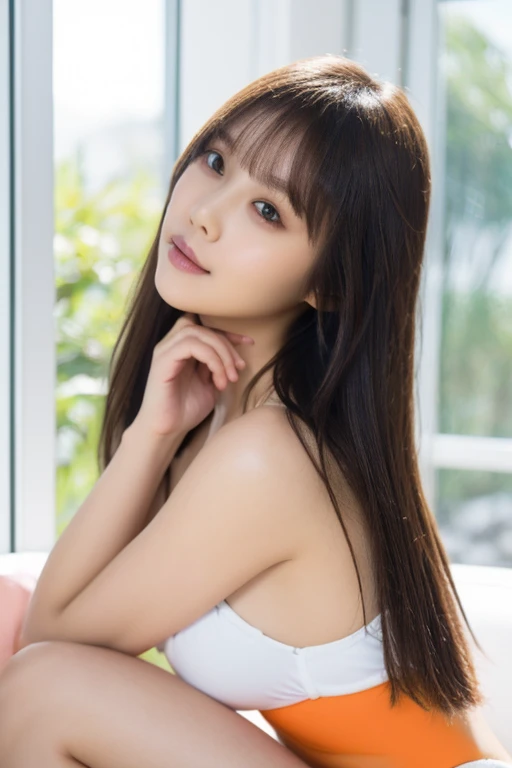 whiteroom, 1 girl, Japanese woman, look at the camera, 20yo, H cup, model's expression, silver ratio, cute, long black hair, portrait.