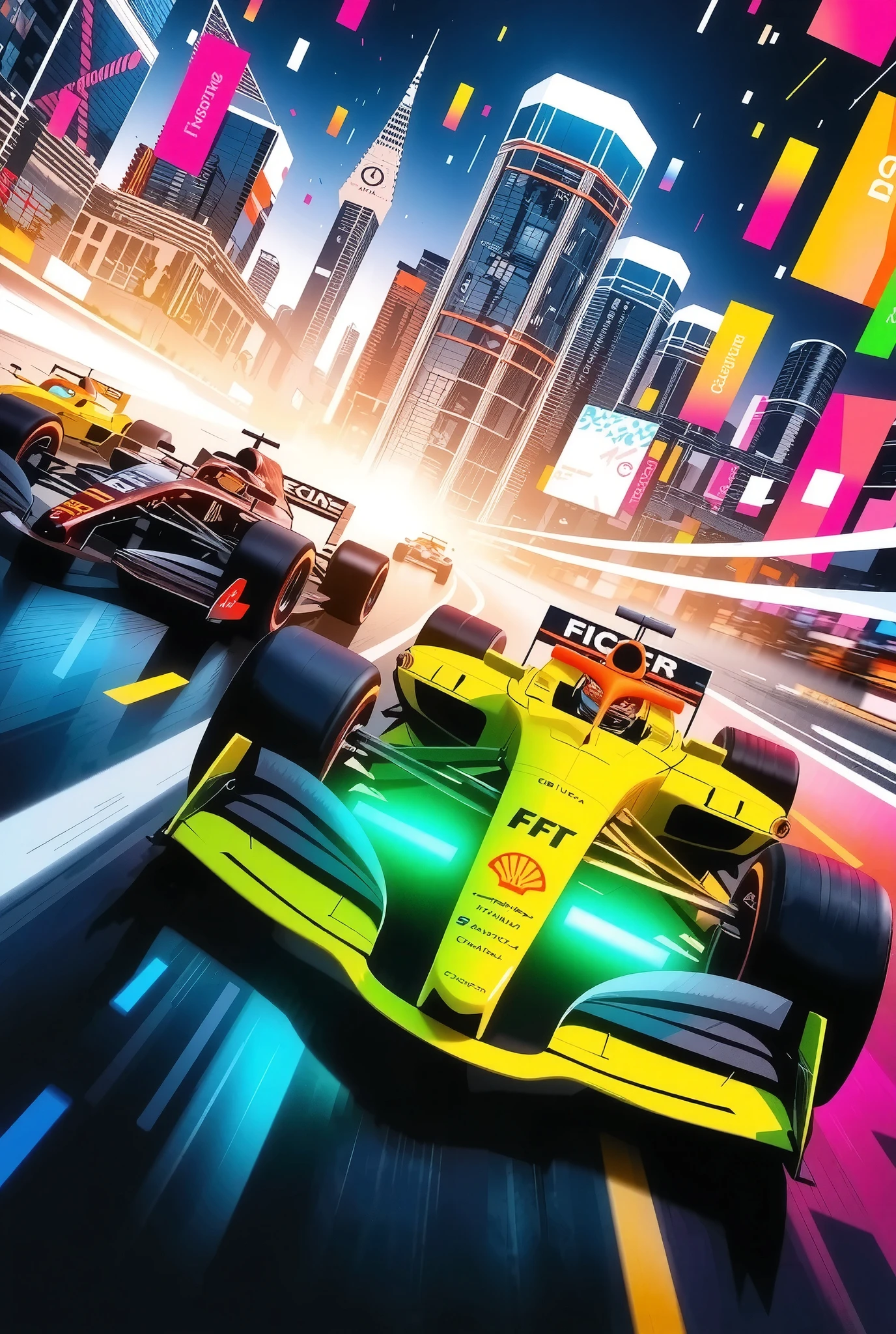 (Ultra High Definition, transparent glow light, super vivid colored, absurd less hyper realistic, photogenic),
(F1 Racing, Intense and Thrilling Compositions), (Dynamic grand shot, Dutch angle),
(3 New Formula cars, A fierce battle between 3 professional F!drivers, Ultra High Definition, high performance, Cutting-Edge Aerodynamic Design Shapes, Enhanced Ground Pressure with Downforce, Spinning Wheel , Refined Product Product Image, high spec machine),
(Dead Heat turning around a corner at super high speed, Intense Racing Battles, Special Effects to Enhance Power),
driving into the dimension city image,
You witness a historic moment,