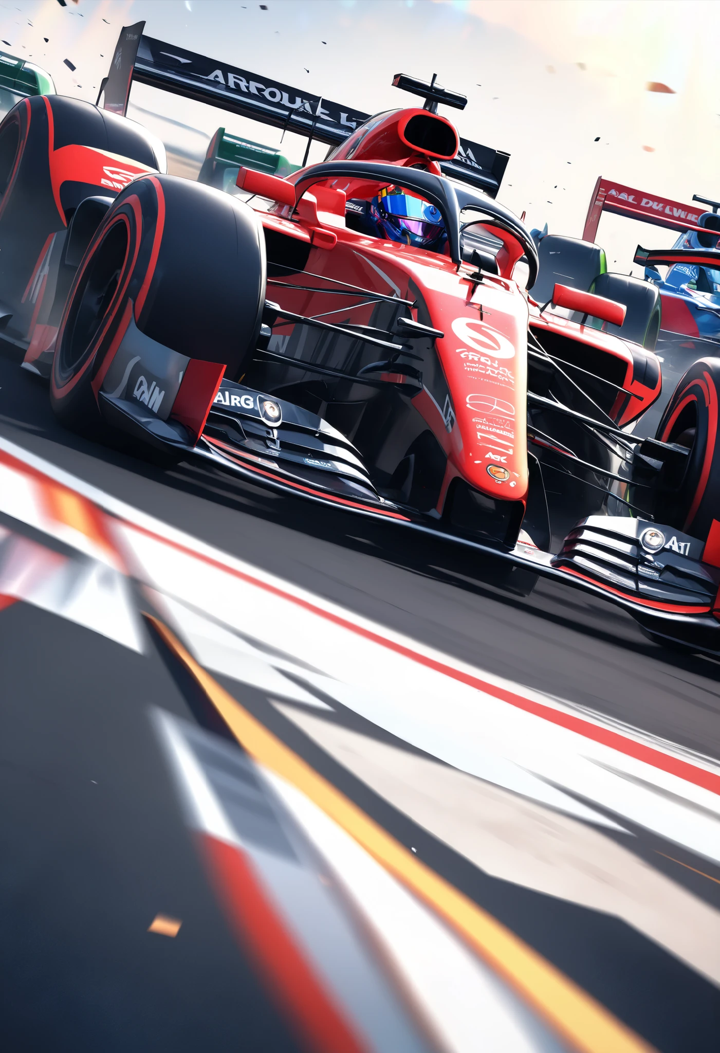 (Ultra High Definition, transparent glow light, super vivid colored, absurd less hyper realistic, Photogenic), 
(F1 Racing, Intense and Thrilling Compositions), (Dynamic grand shot, Dutch angle), 
(3 New Formula cars, A fierce battle between 3 professional F!drivers, Ultra High Definition,  high performance, Cutting-Edge Aerodynamic Design Shapes, Enhanced Ground Pressure with Downforce,  Spinning Wheel , Refined Product Product Image, high spec machine), 
(Dead Heat turning around a corner at super high speed, Intense Racing Battles, Special Effects to Enhance Power), 
driving into the dimension city image, 
you witness a historic moment, 