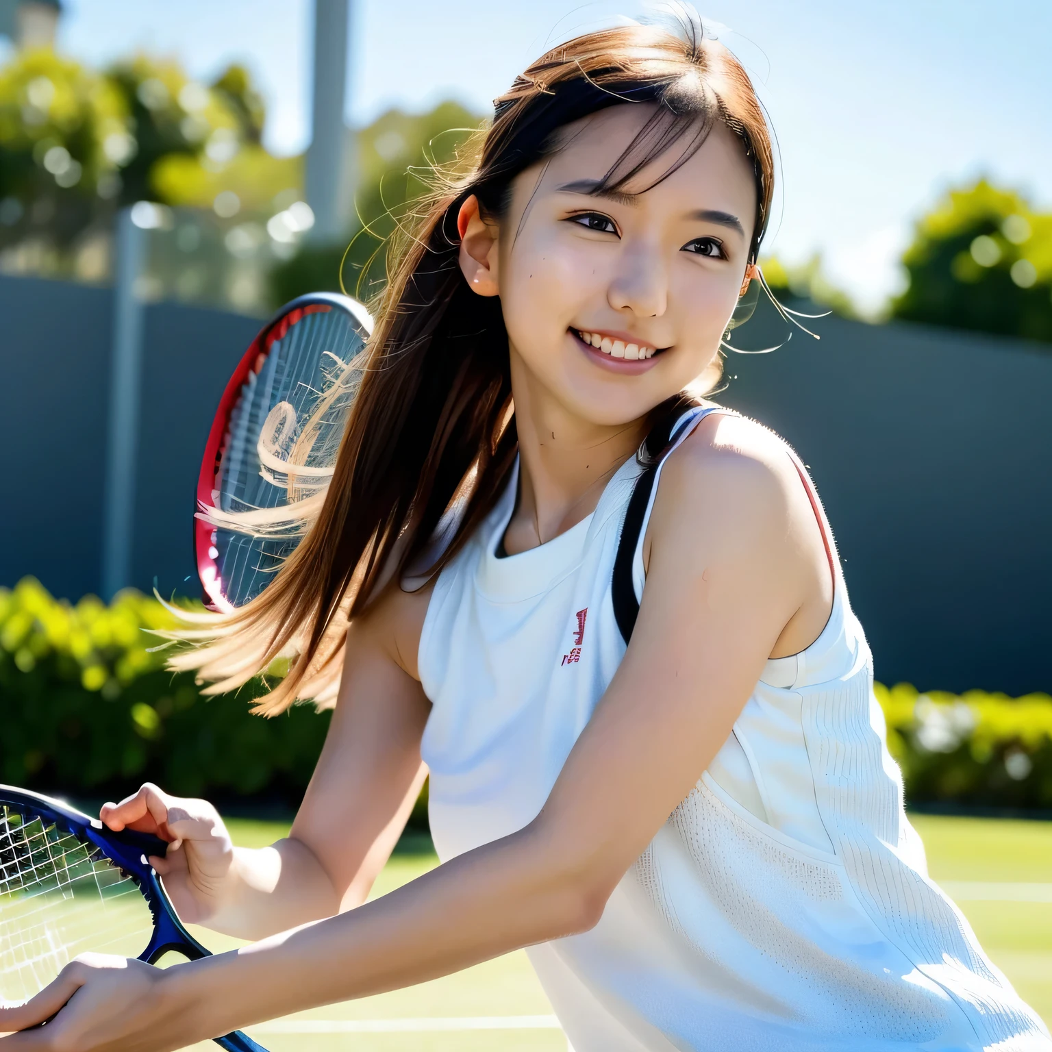 ８K、High definition、Ultra Detail、Photorealistic、Realistic and accurate depiction、Realistic and accurate human anatomy、High resolution、Highest quality、Japanese beautiful girl、Highest quality, masterpiece, 超High resolution, (Realistic:1.4), RAW Photos, Girl playing tennis, 15 years old, The most famous Japanese idols, playing tennis at tennis court, cuteデザインのテニスユニフォームを着て, 非常に美しいBlack Hairのショートカット, 最も人気のある日本のアイドルのような非常にcute顔, ((Very beautiful big black eyes)), Very beautiful skin, Very beautiful body, Dynamic Pose, An innocent smile, cuteデザインの詳細なテニスユニフォーム、Natural Makeup、Perfect Skin、Charm、Active、Black Hair、cute、The ultimate beautiful girl