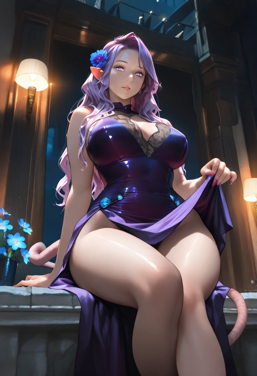 Armpit show,bangss、bare shoulders、bblurry、red blush、the bow、heav breathing、depth of fields、doress、female focus、looking at viewert、Opening Mouth、cparted lips、Purple bow、Purple dress、skirt by the、独奏、is standing