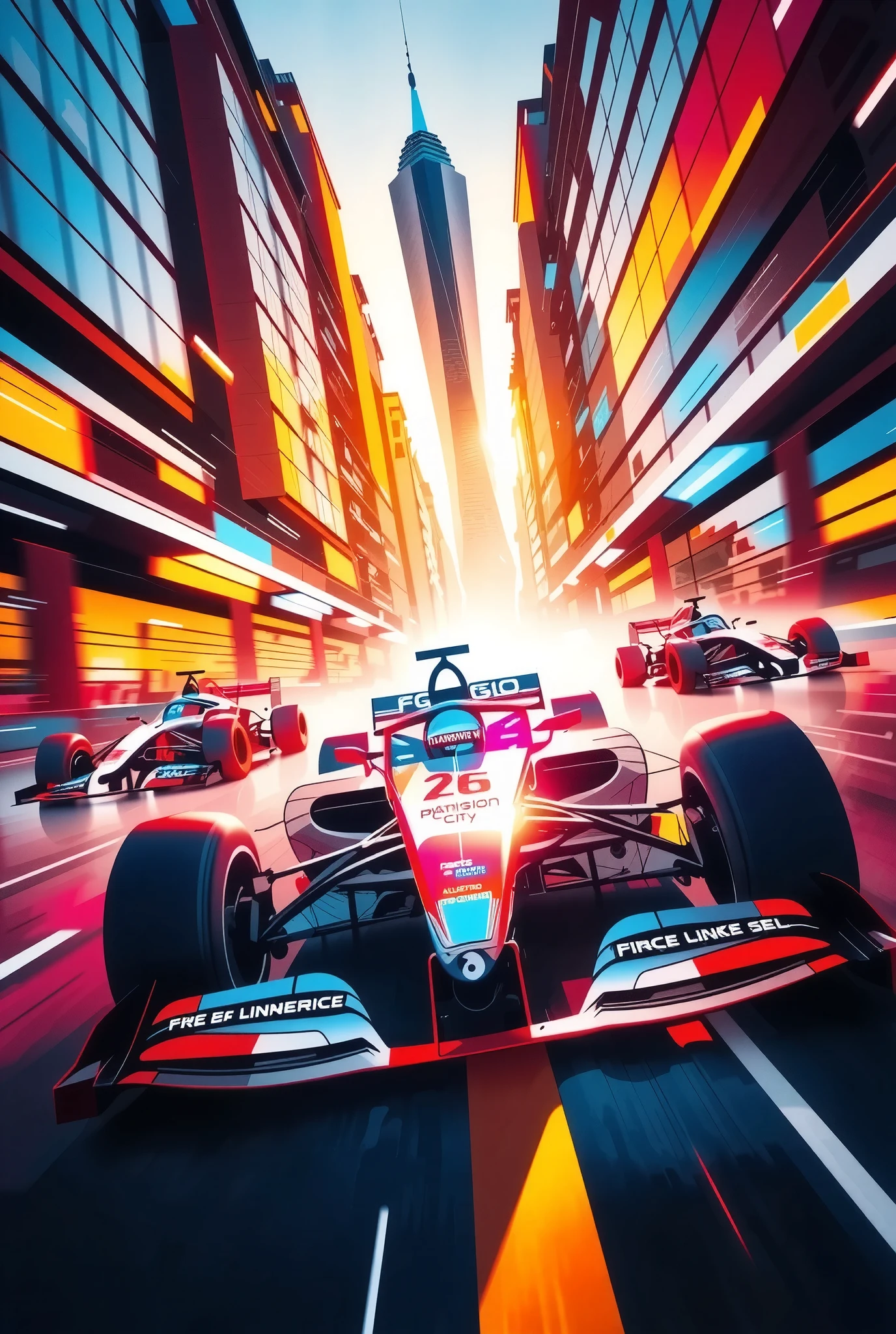 (Ultra High Definition, transparent glow light, super vivid colored, absurd less hyper realistic, photogenic),
(F1 Racing, Intense and Thrilling Compositions), (Dynamic grand shot, Dutch angle),
(3 New Formula cars, A fierce battle between 3 professional F!drivers, Ultra High Definition, high performance, Cutting-Edge Aerodynamic Design Shapes, Enhanced Ground Pressure with Downforce, Spinning Wheel , Refined Product Product Image, high spec machine),
(Dead Heat turning around a corner at super high speed, Intense Racing Battles, Special Effects to Enhance Power),
driving into the dimension city image,
you witness a historic moment, cool and beauty,