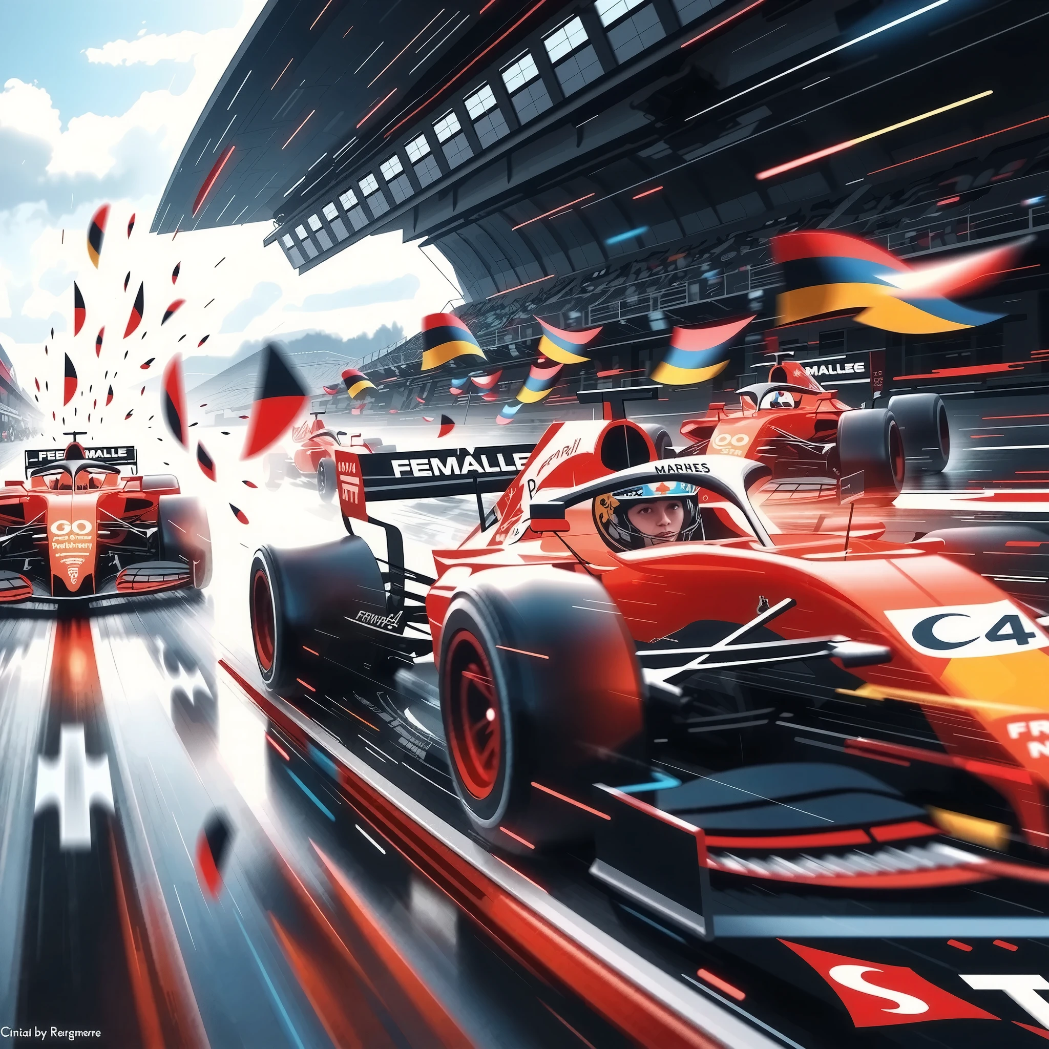 (Ultra High Definition, transparent glow light, super vivid colored, absurd less hyper realistic, photogenic),
(F1 Racing, Intense and Thrilling Compositions), (Dynamic grand shot, Dutch angle),
(3 New Formula cars, A fierce battle between 3 professional F!drivers, Ultra High Definition, high performance, Cutting-Edge Aerodynamic Design Shapes, Enhanced Ground Pressure with Downforce, Spinning Wheel , Refined Product Product Image, high spec machine),
(Dead Heat turning around a corner at super high speed, Intense Racing Battles, Special Effects to Enhance Power),
you witness a historic moment,
