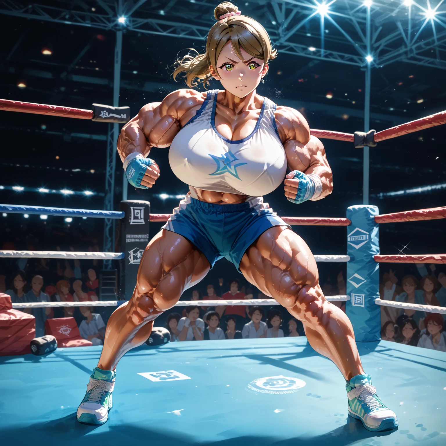 (best quality,highres:1.2), (ultra-detailed), (realistic:1.37), (HDR,UHD), (physically-based rendering), (curvy mature Denise Milani), ((topless, exposed chest:1.3)), ((olive green pleated boxing skirt:1.3)), ((boxing gloves:1.4)), ((cropped, straight jet-black hair:1.3)), ((firm breasts, deep cleavage, perfectly round breasts)), ((thicc, thick thighs:1.3)), ((beautiful large green eyes):1.3), (intimidating pose in an abandoned factory), (full-body portrait), (vivid colors), (metallic textures), (hot red lips, makeup:1.3), sexy fighter, prominent breasts, rock solid breasts, large thick calves, ((olive green boxing skirt:1.3)), (full body portrait:1.3), big_boltedontits, boltedontits, th3p1t, sakimichan,