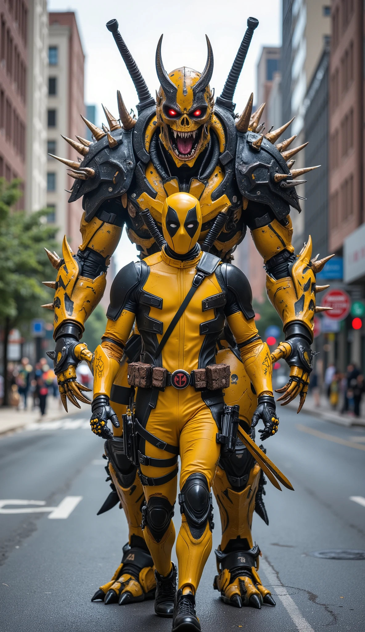AI Prompt:
Deadpool wears a bright yellow version of his iconic suit, accented with black tactical straps, gloves, boots, and the classic Deadpool logo in red and black. The suit features realistic textures, including armor padding and visible stitch lines. He walks straight ahead with a confident, almost playful posture, head turned slightly as if about to deliver a sarcastic remark. Katanas are strapped to his back, and a pistol sits in his thigh holster.
Behind him stands a 9-foot-tall humanoid beast monster, acting as his bodyguard. The creature is a fusion of monstrous form and Deadpool’s yellow theme, with a heavily muscled, thick frame, covered in yellow-tinted skin mixed with rough black patches and cyber-organic plating. Its face is terrifying, shaped like a monstrous skull with glowing red eyes, jagged teeth, and sharp bony ridges along its head and shoulders. Its arms are long and powerful, ending in clawed hands, while its back is lined with small bone spikes, making it look like a living weapon.
The background is a quiet urban street lined with modern buildings. Natural daylight bathes the scene, casting soft shadows and emphasizing texture depth. Captured in a medium full shot, the image highlights both Deadpool and his monstrous yellow-themed protector in ultra-realistic cinematic detail.