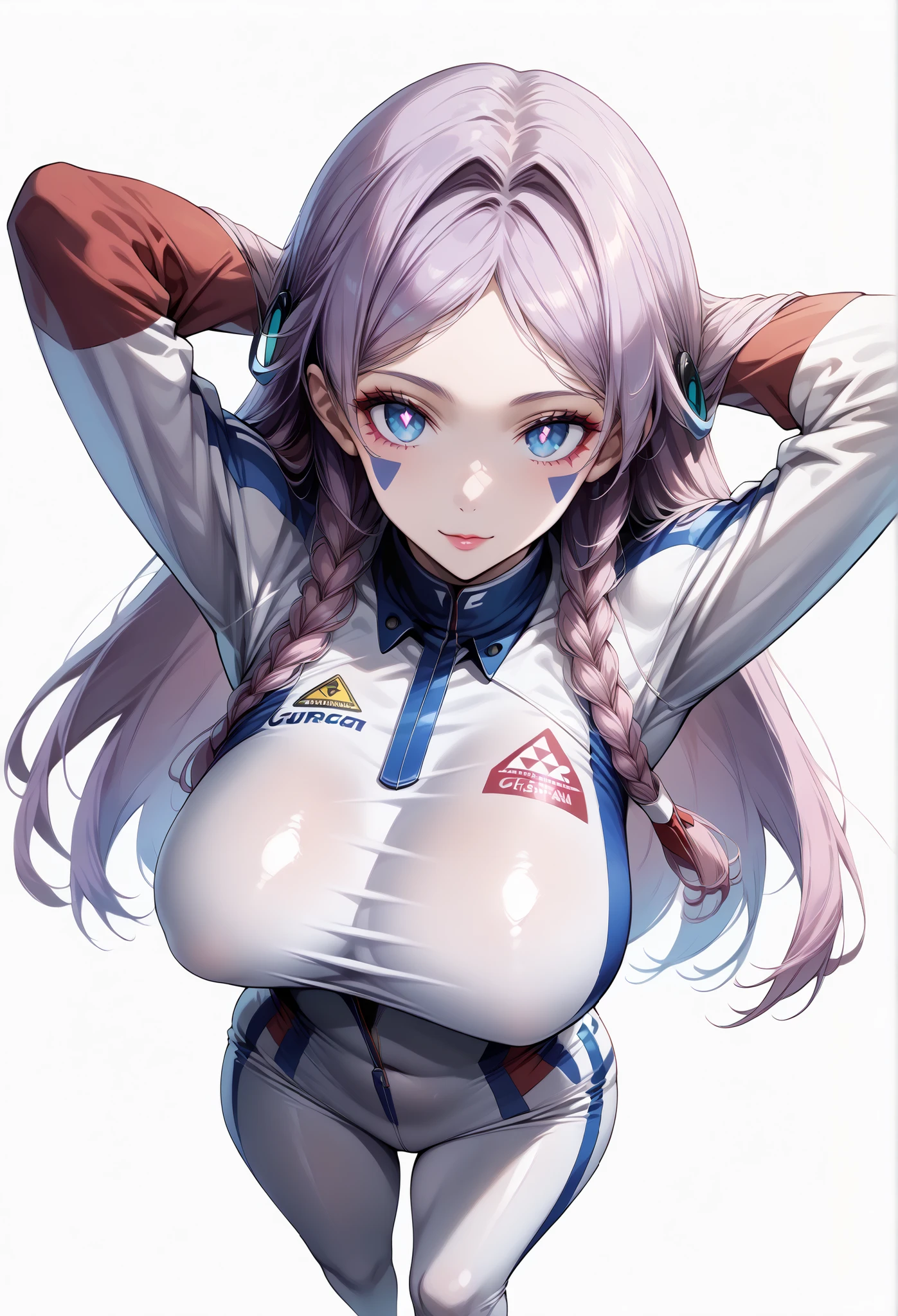 score_9, score_8_up, score_7_up, source_anime, 4K,perfect fingers,(perfect hands, perfect anatomy),prefect lighting, very aesthetic, intricate details,highly detailed background, masterpiece, high quality, best quality,
citlali, blue eyes, bright pupils, facial mark, long hair, multicolored hair, pink hair, purple hair, hair intakes, braid, twin braids, parted bangs, hair ornament,Large Breast
wearing ((circuit girl, racing suit, latex,red and white racing suit, )) ,,
perfect sexy female body, ((NO BALL:1.7)), Point-of-view shot, (sexy and seductive pose:1.2), Standing, A sagging breast, ((White plain background:1.5)) , looking at the spectator, ((arms behind head:1.5)), ((Front view:1.5)), ((High Angle View:1.5)),