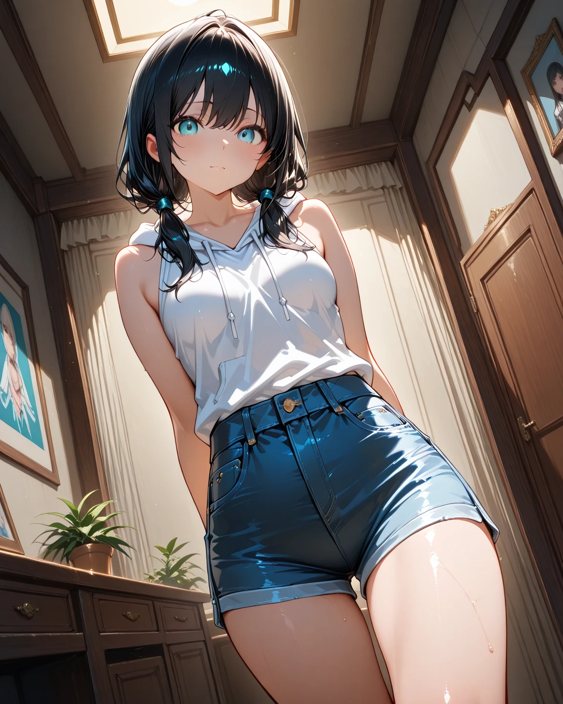1 girl, (short sleeve, mini-shorts, black stockings, light blue t-shirt, tight clothing), perfect body, detailed face, detailed eyes, full body, image taken from afar