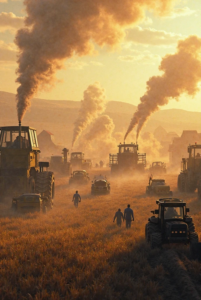 Create an art of a crop, being harvested by combine harvesters in the midst of a war with tanks, soldiers and bombs