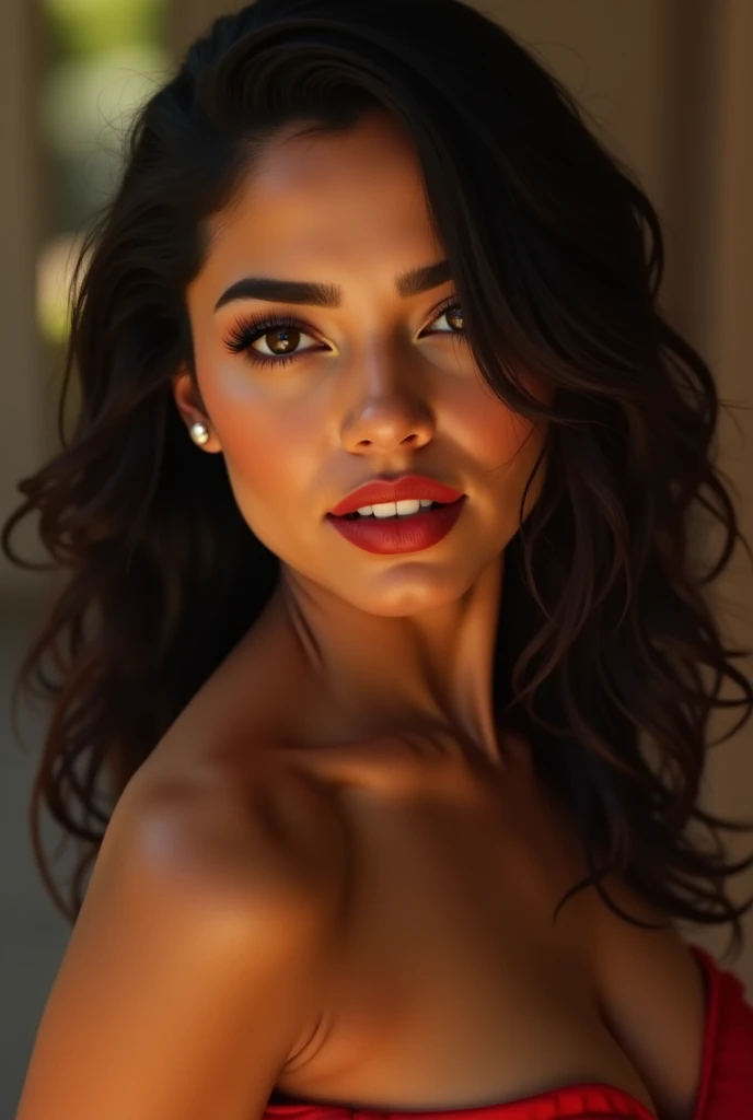 A heavenly and incredibly beautiful Asian Indian. Sua pele beijada Pelo sol, Captivating honey eyes, and flowing brown hair immediately catches the eye. The portrait appears to be a high resolution photograph., capturing every detail to perfection. Her red lips are full and attractive, It exudes a seductive charm. The overall image quality is exceptional, natural with impressive details. an identical woman, Face, Pelo. A beautiful smile.
She is dressed in Marilyn Monroe's outfit, Grinning.
