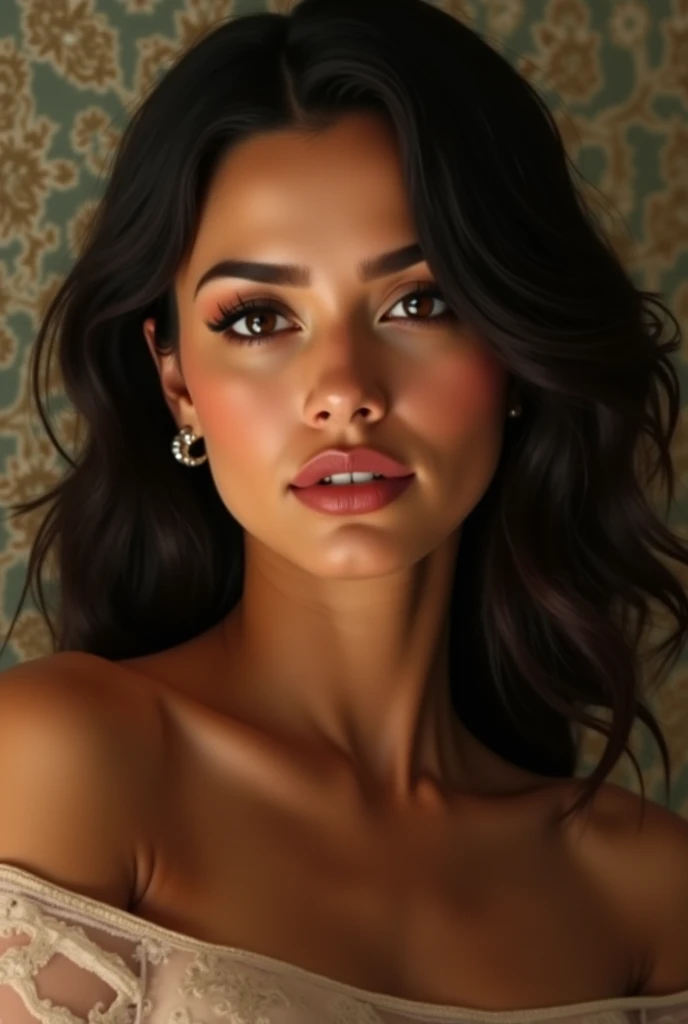 A 24 year beautiful Indian woman, whose skin tone is white, fairly skinned, hour glassed shaped body, natural chest and breasts, with black coloured hair, layered cutted hair, oval shaped face, almond eyes, upper eyelids, button nose, Heart shaped lips, she is perfectly fit, normal dress, intertribal ear shape,