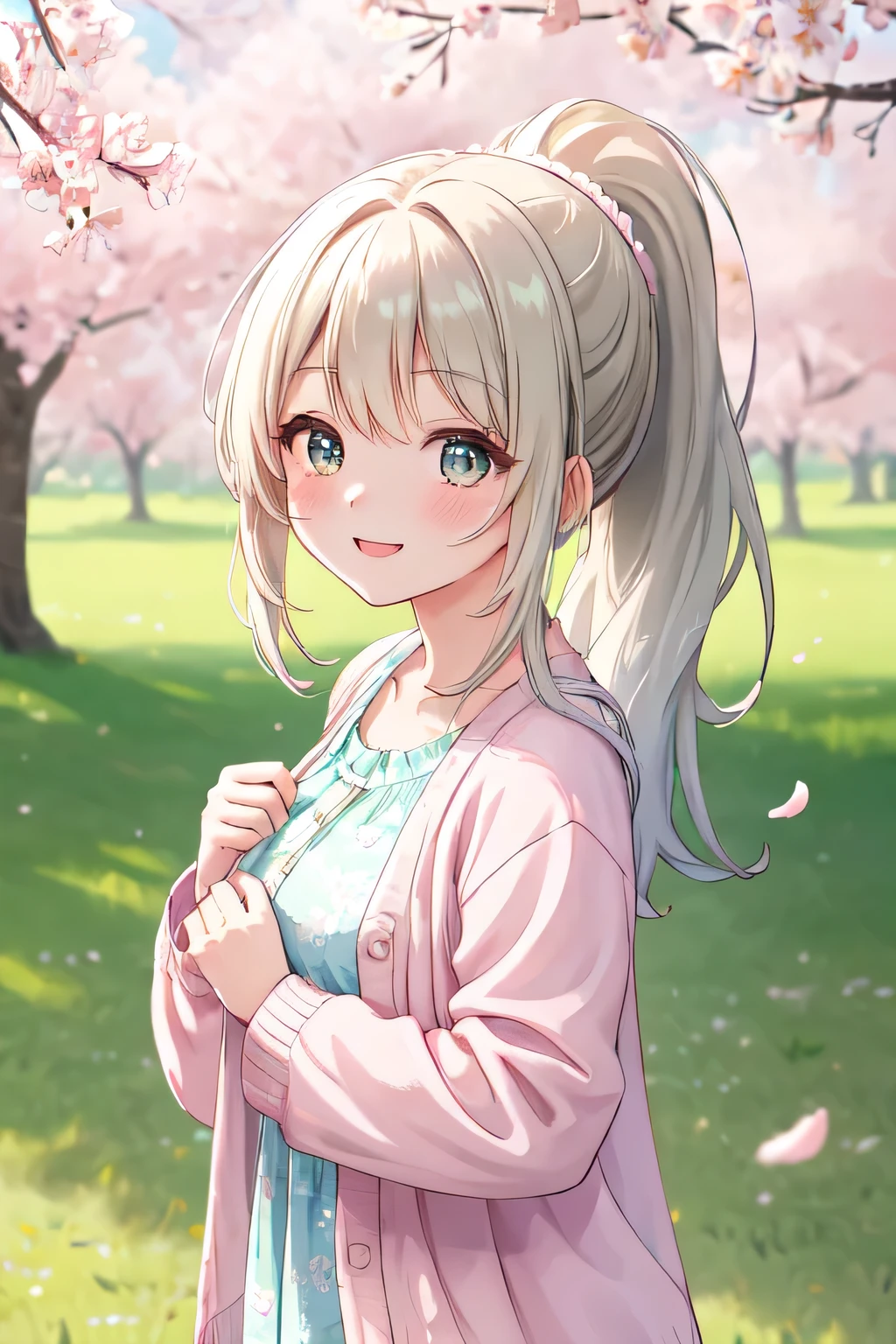cowboy shoot, pov, focus face, 1woman, looking at viewer, sparkling eyes, wide cheerful smile, slightly tilted head, excited and inviting gaze, playful and open expression, windswept ponytail, Flowy pastel dress, delicate lace accents, light cardigan, soft floral patterns, gentle and airy fabric that sways in the breeze, bright and cheerful smile, lush green park with cherry blossoms in full bloom, petals floating in the air, soft golden sunlight filtering through the trees, fresh and vibrant spring atmosphere, (extremely detailed, high resolution, absurdres,4K)