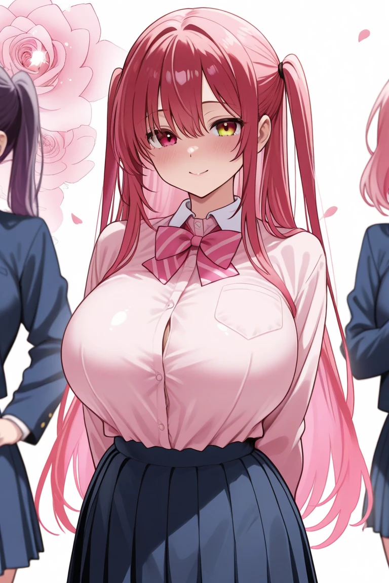 masterpiece (((1 man))) 1 girl, male and female, pink hair, long hair, green eyes, big breasts, big nipples, NSFW (orgasm) (heart eyes) ((A man fondles a woman's breasts from behind)) Breast Grabbing Uniform Blazer
