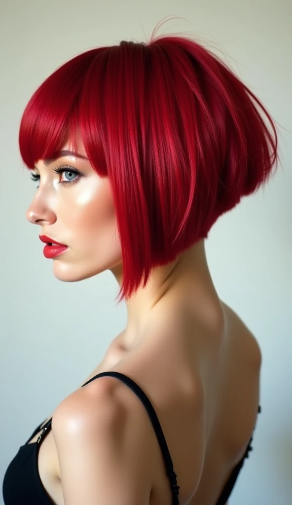 Beautiful 25 years old woman, very short red bob with buzzed back head haircut back view,